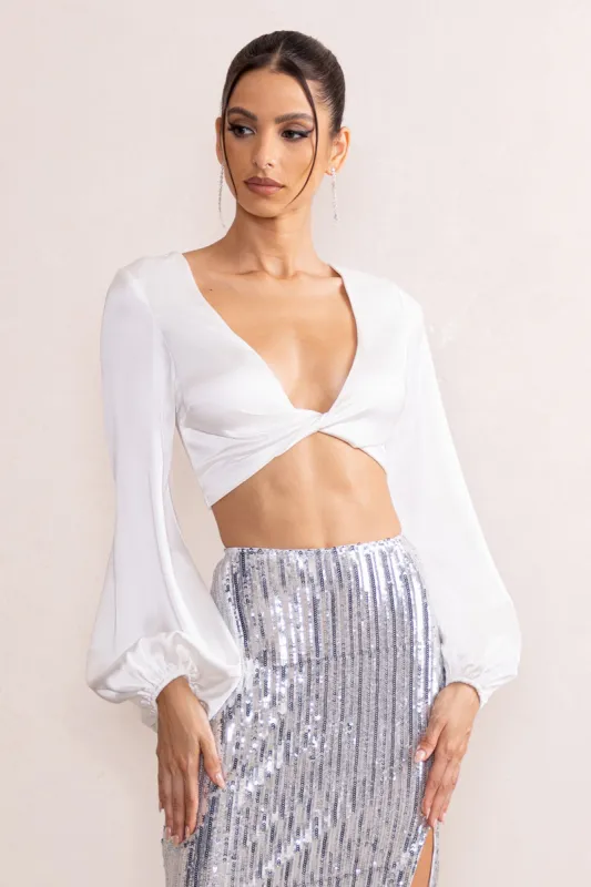 Margot | White Satin Plunge Neck Twist Front Top With Balloon Sleeves sold by Club L London