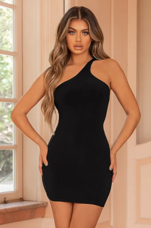 Go Figure | Black Asymmetric Neckline Mini Dress sold by Club L London