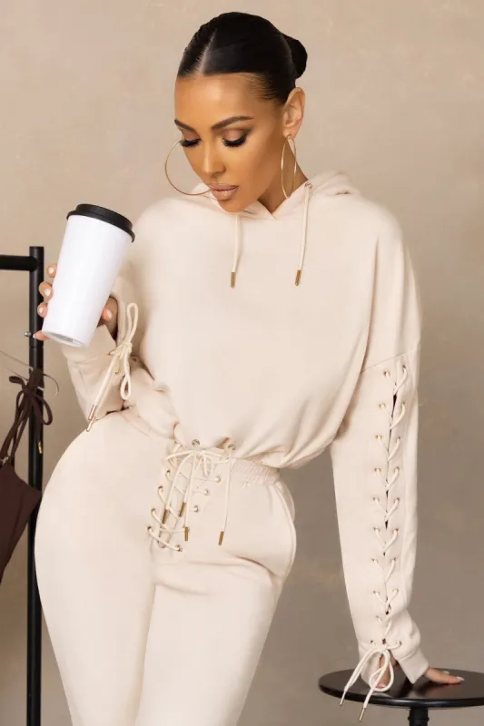 Urban Futures | Cream Eyelet & Lace Up Detail Hoodie made by Club L London