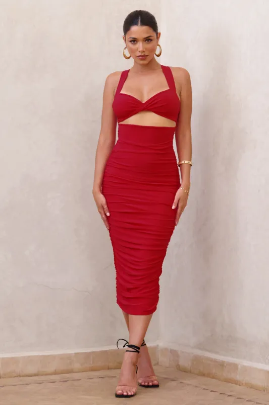 Embody | Red Cut Out Twist Front Ruched Midi Dress sold by Club L London