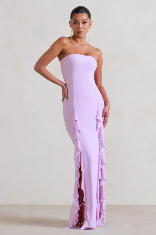 Susan | Lilac Bandeau Maxi Dress With Ruffled Splits sold by Club L London