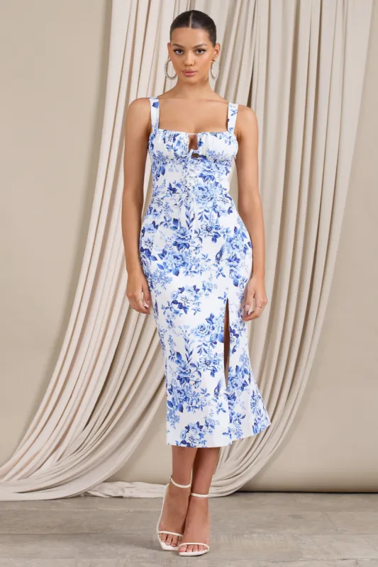 Corvina | Blue Floral Strappy Laced Corset Split Midi Dress sold by Club L London