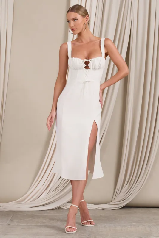 Corvina | White Strappy Laced Corset Split Midi Dress sold by Club L London