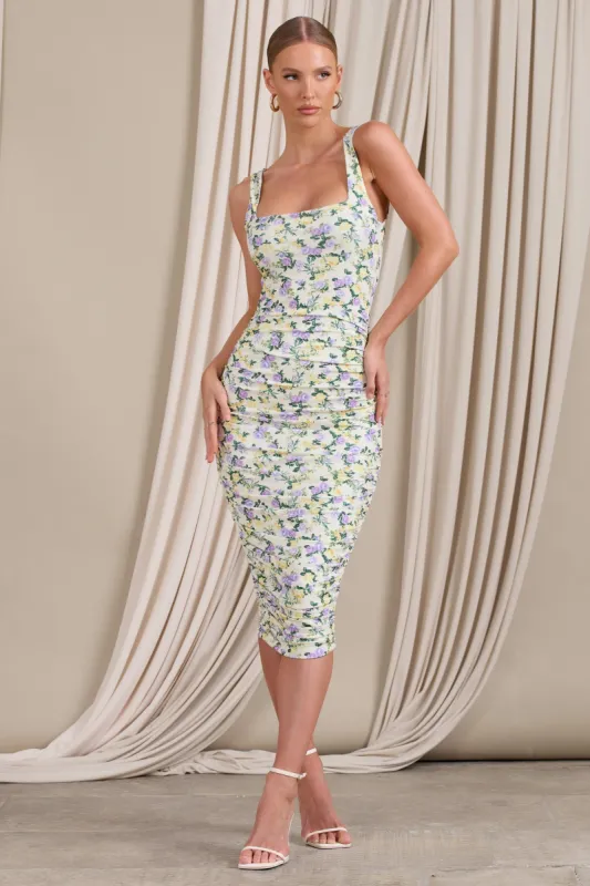 Lisbon | Yellow Floral Print Square Neck Ruched Midi Dress sold by Club L London