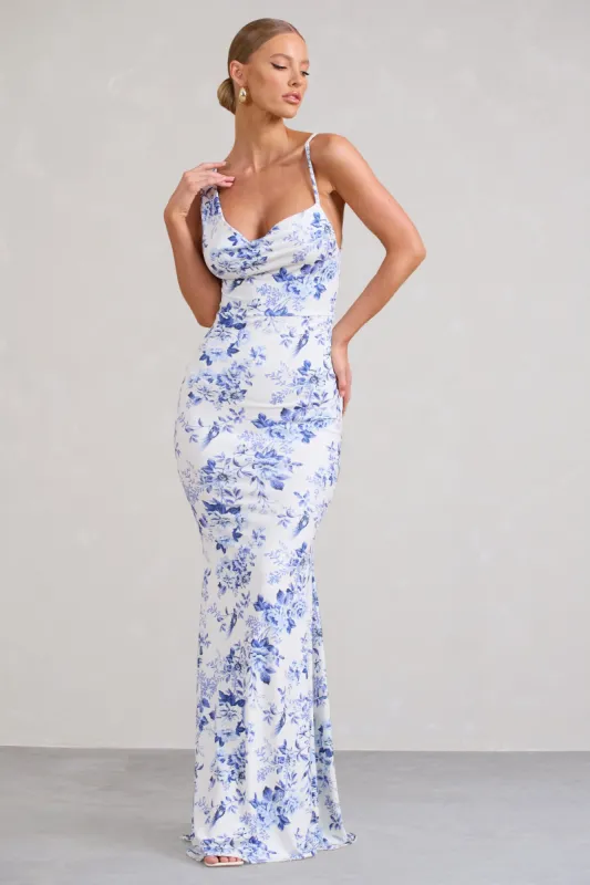 Phantasy | Blue Floral Print Asymmetric Neckline Cowl Maxi Dress sold by Club L London