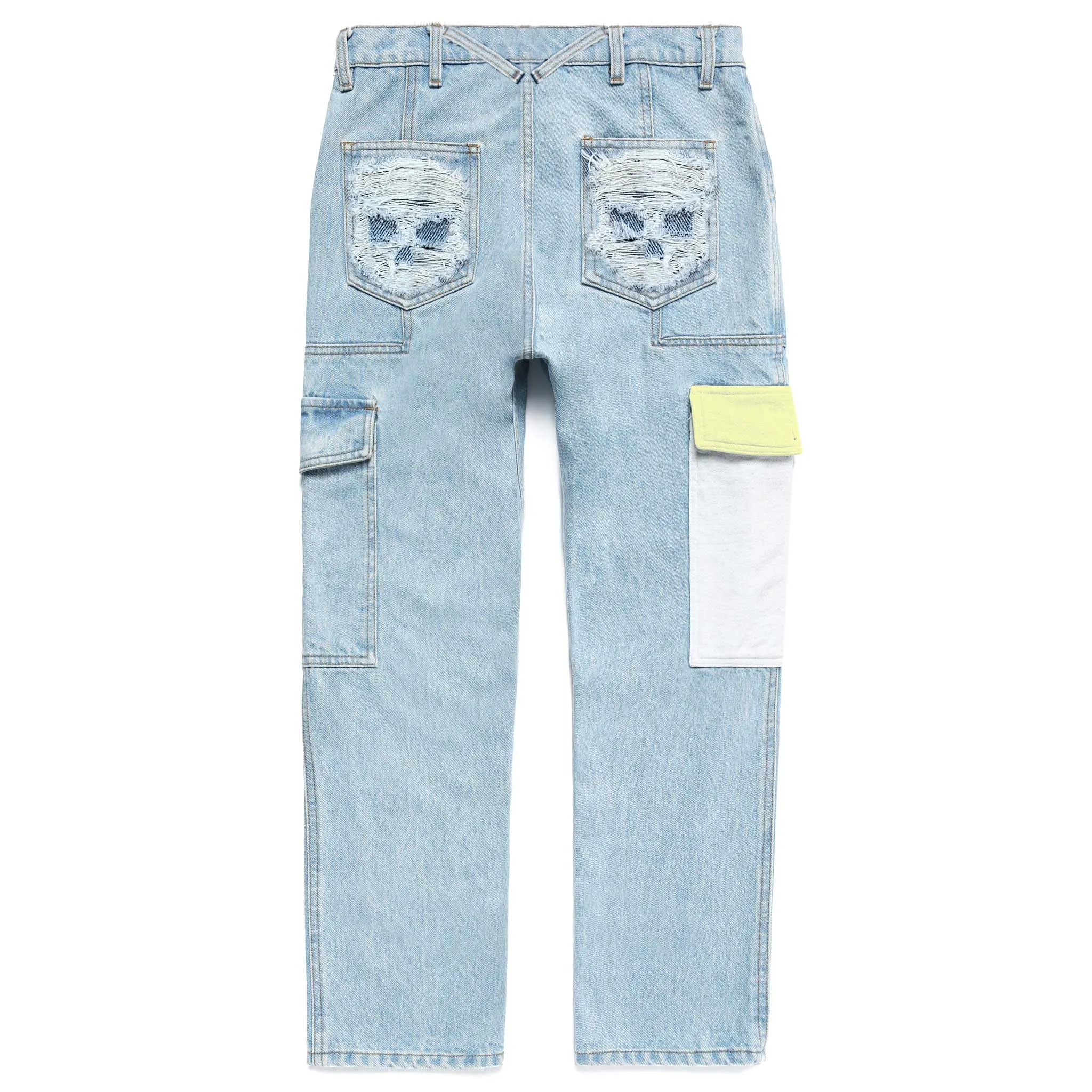 SKULL DISTRESS PANELED CARGO POCKET DENIM PANTS sold by Menace
