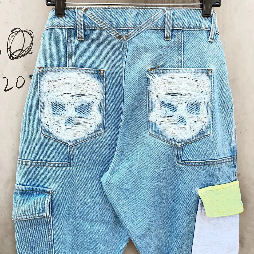 SKULL DISTRESS PANELED CARGO POCKET DENIM PANTS sold by Menace product image thumbnail 3