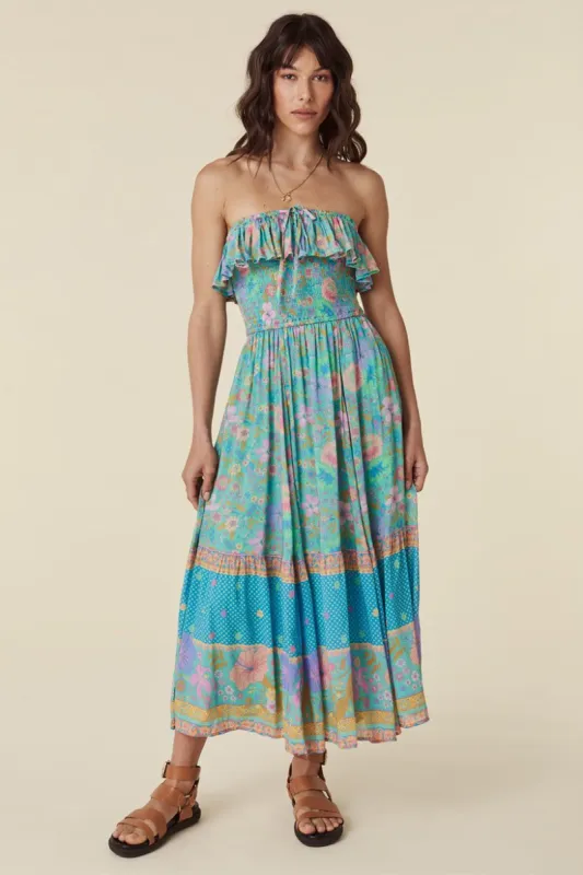 Hibiscus Lane Strapless Flutter Midi Dress sold by Spell
