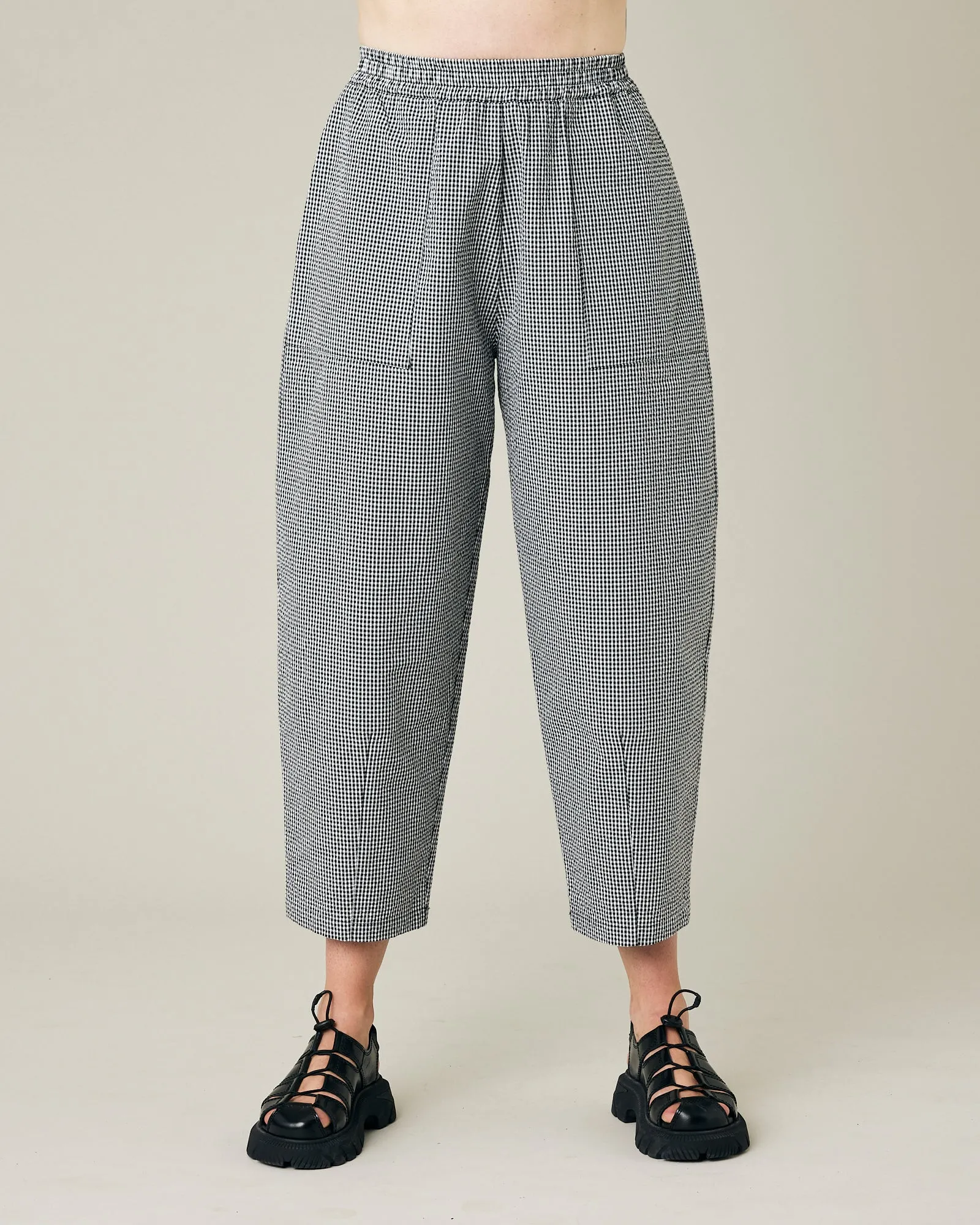 Huxley Black & White Gingham Seersucker Trousers sold by Beyond Nine