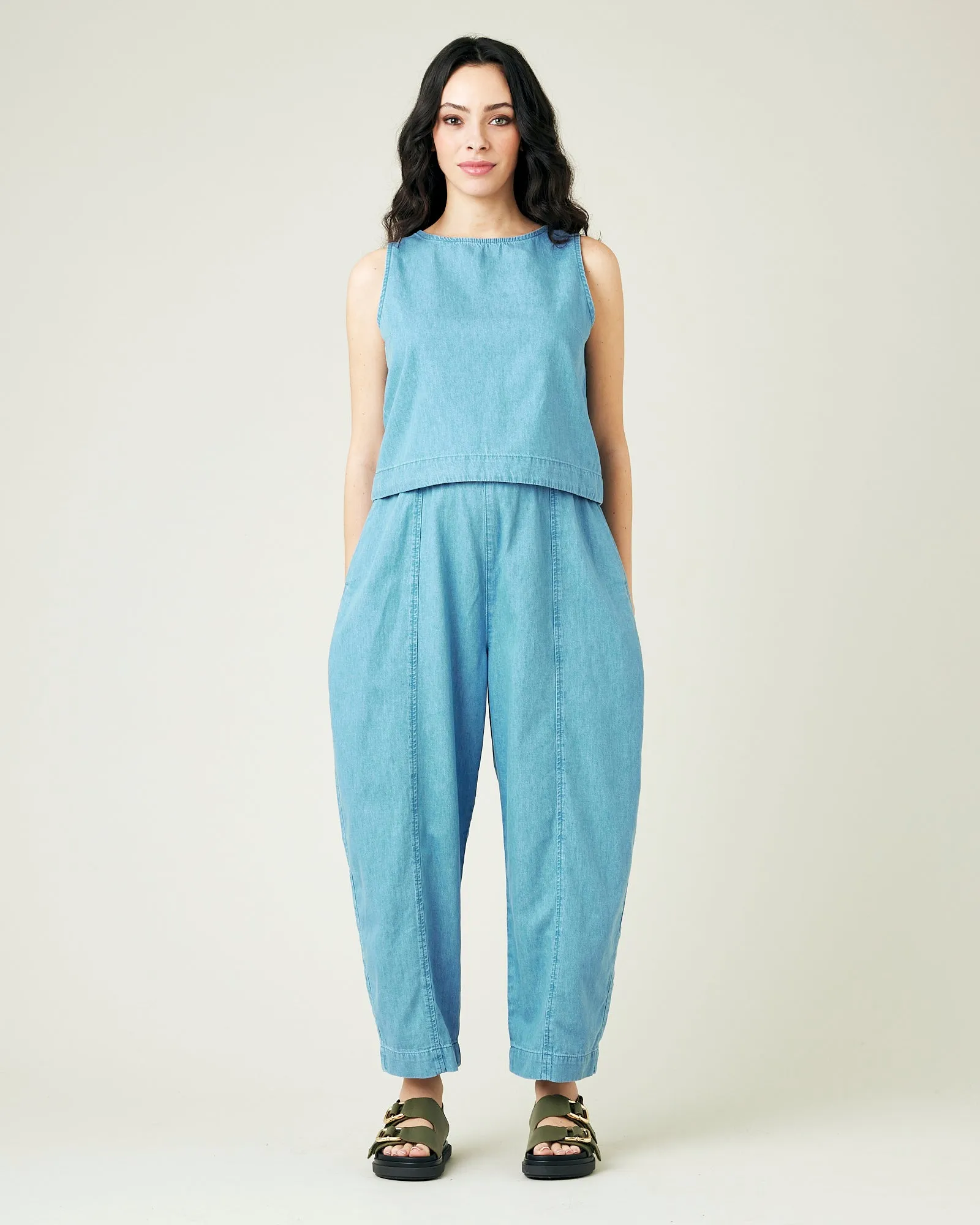 Mabel Light Wash Denim Chambray Trousers sold by Beyond Nine