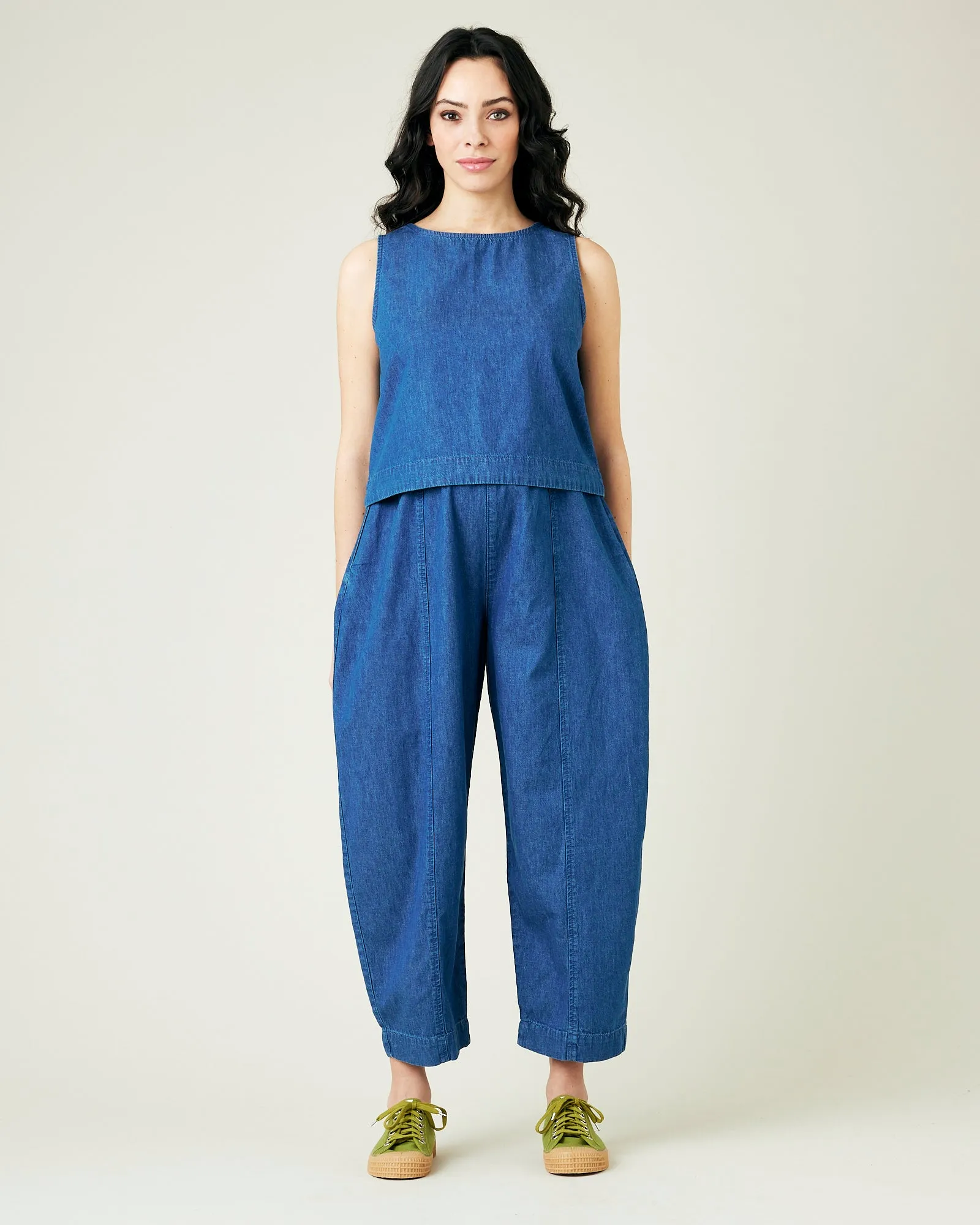Mabel Mid Wash Denim Chambray Trousers sold by Beyond Nine