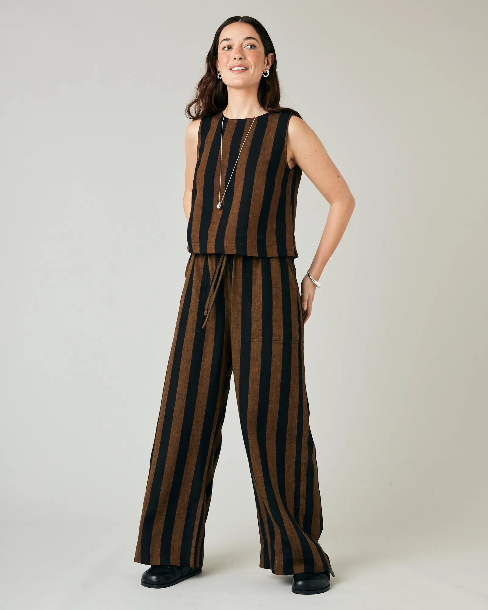 Lexi Rust & Black Stripe Linen Trousers sold by Beyond Nine
