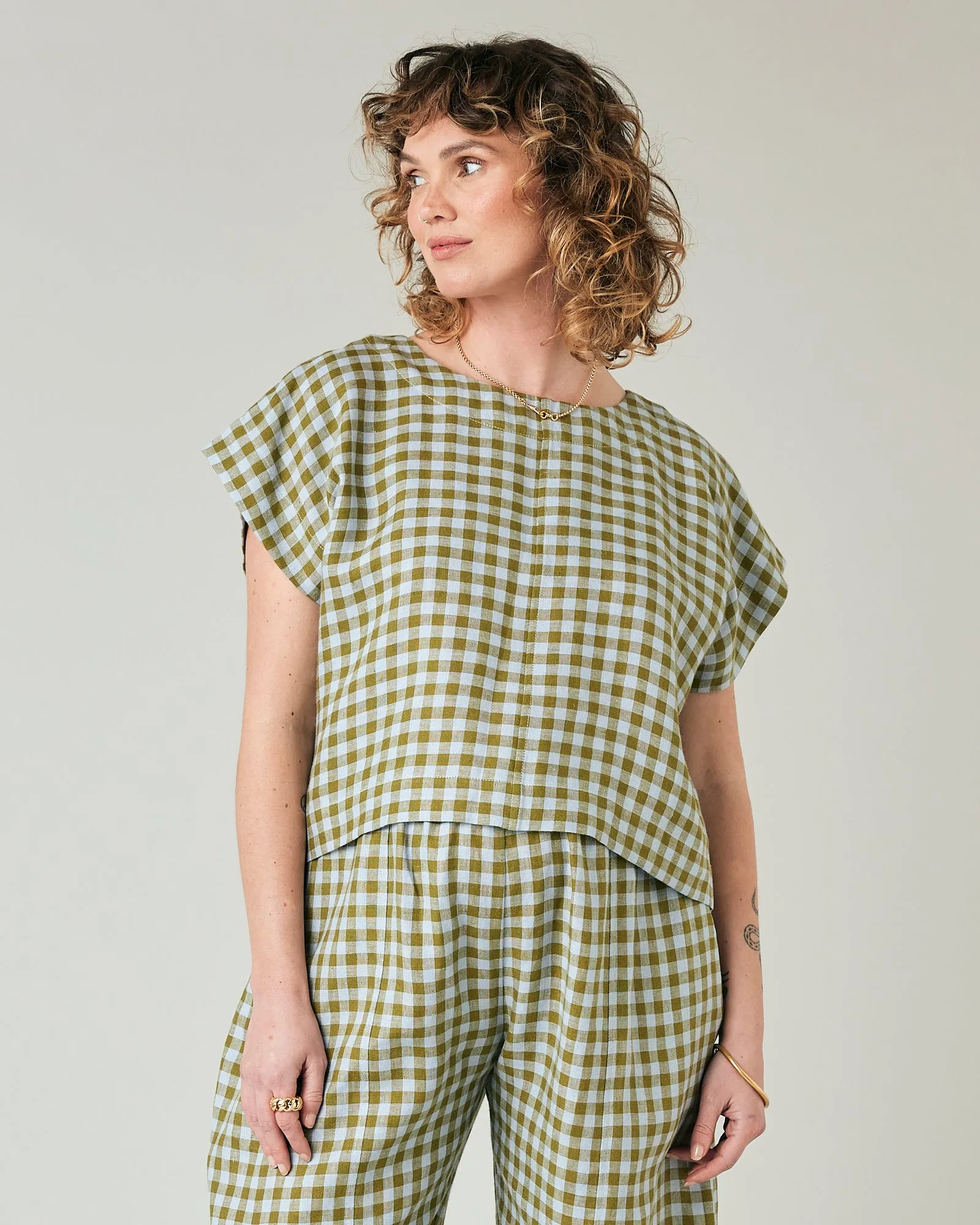 Polly Meadow Check Linen Top sold by Beyond Nine