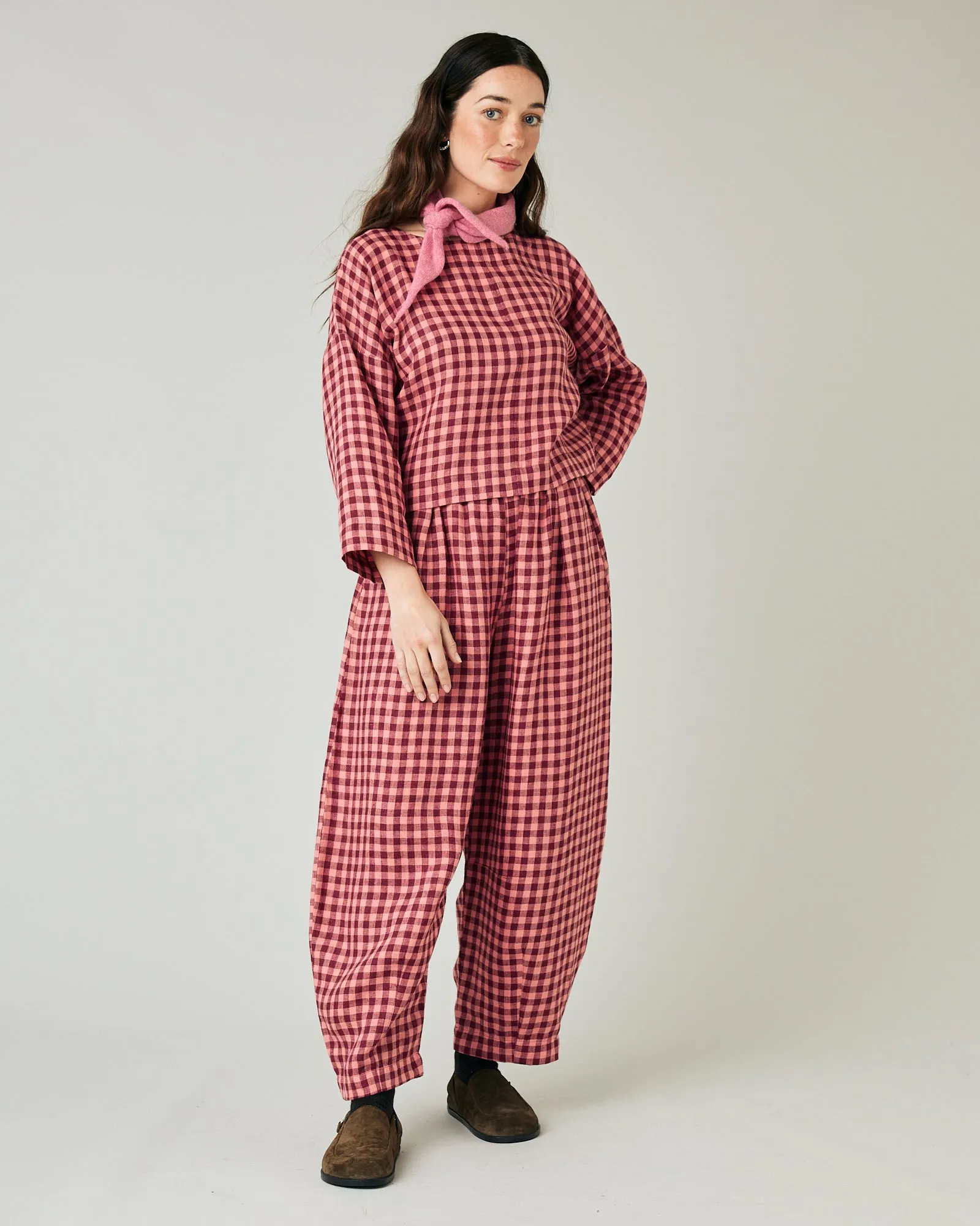 Daisy Blush Gingham Linen Trousers sold by Beyond Nine