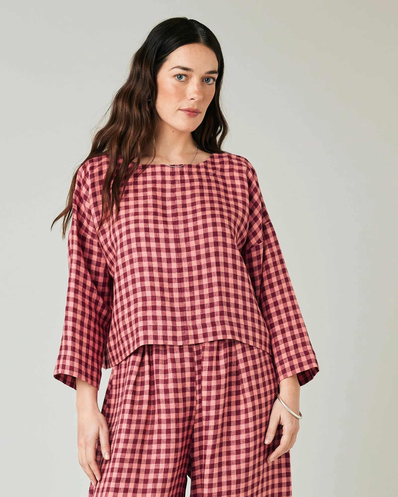 Lily Blush Gingham Linen Top sold by Beyond Nine