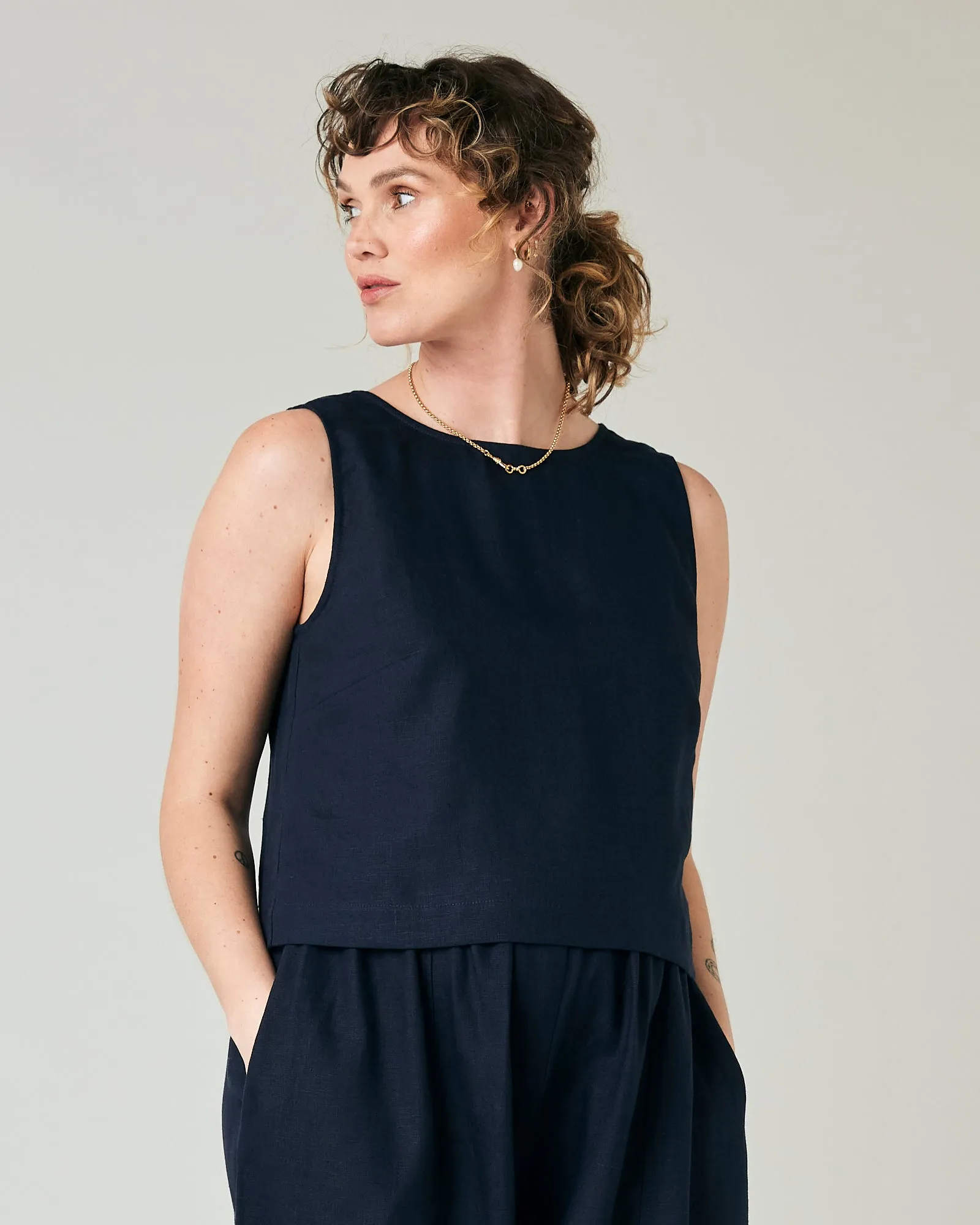 Esme Navy Linen Top sold by Beyond Nine