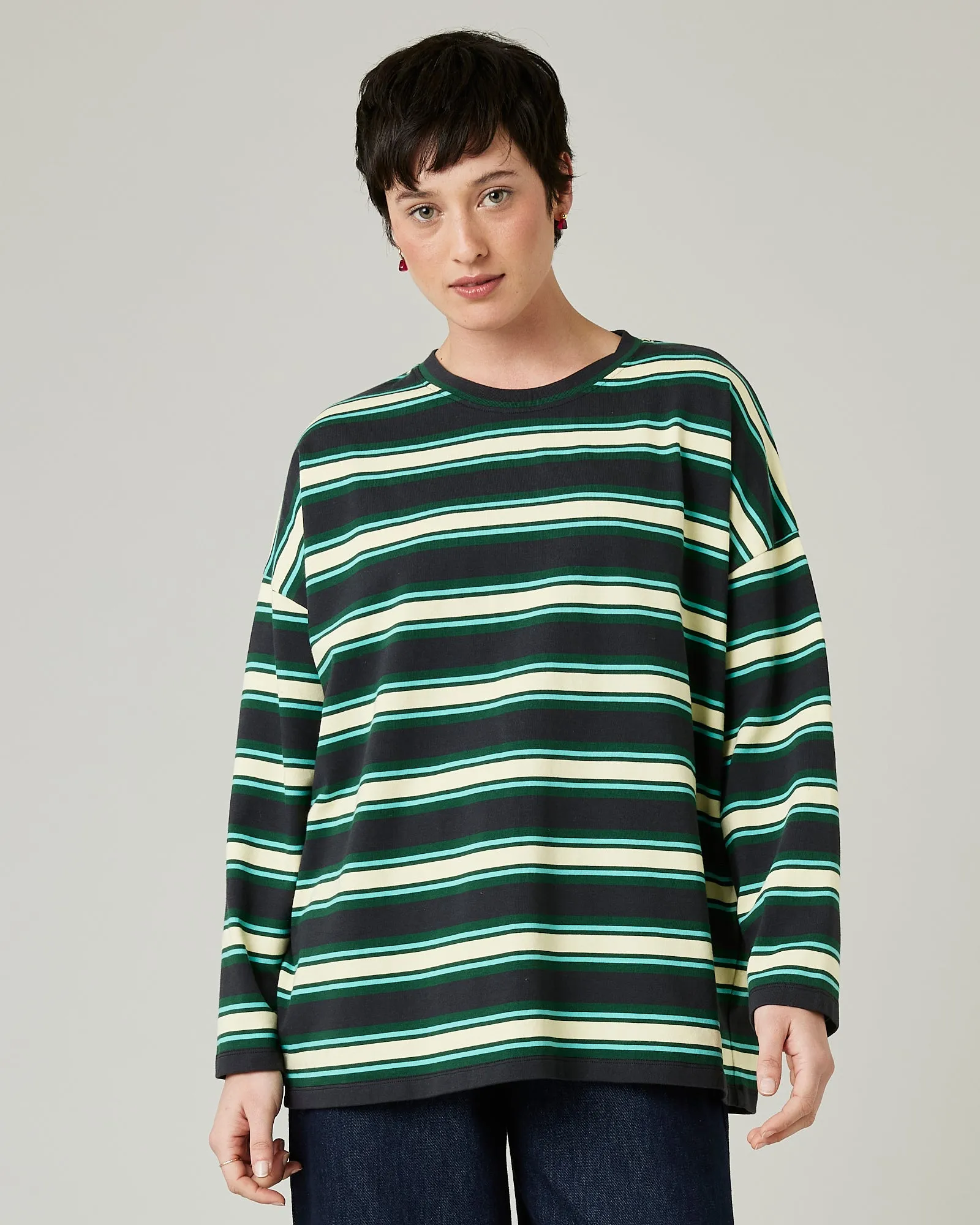 Robyn Top Butter, Green & Black Stripe sold by Beyond Nine