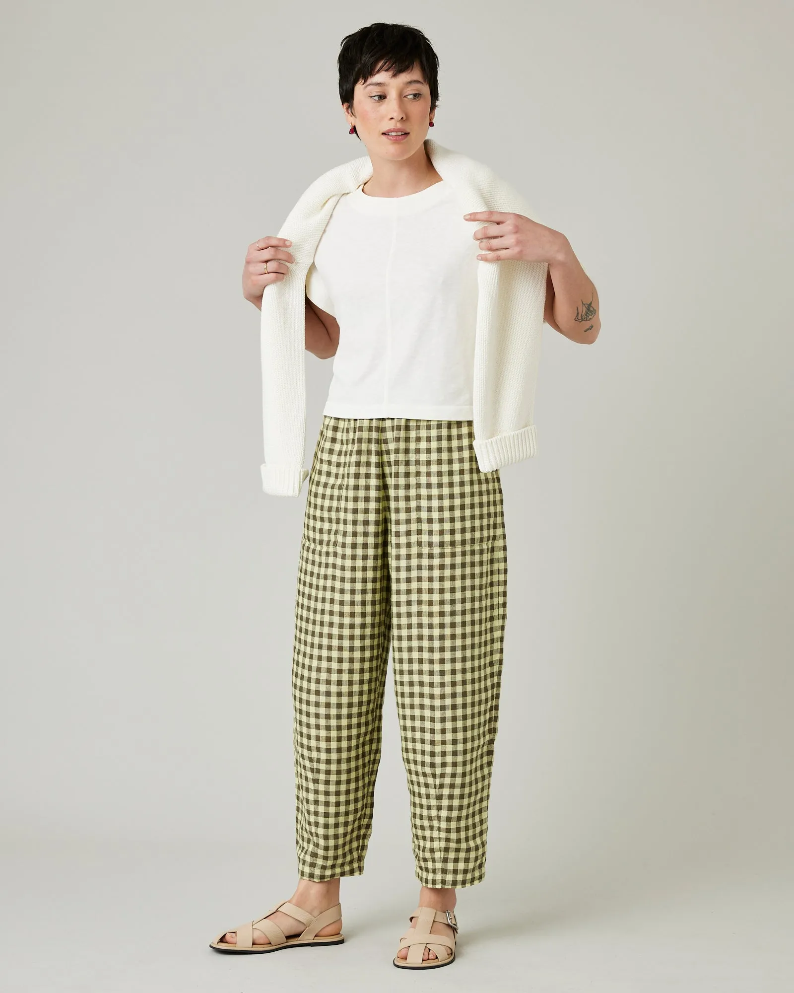Huxley Matcha Gingham Linen Trousers sold by Beyond Nine