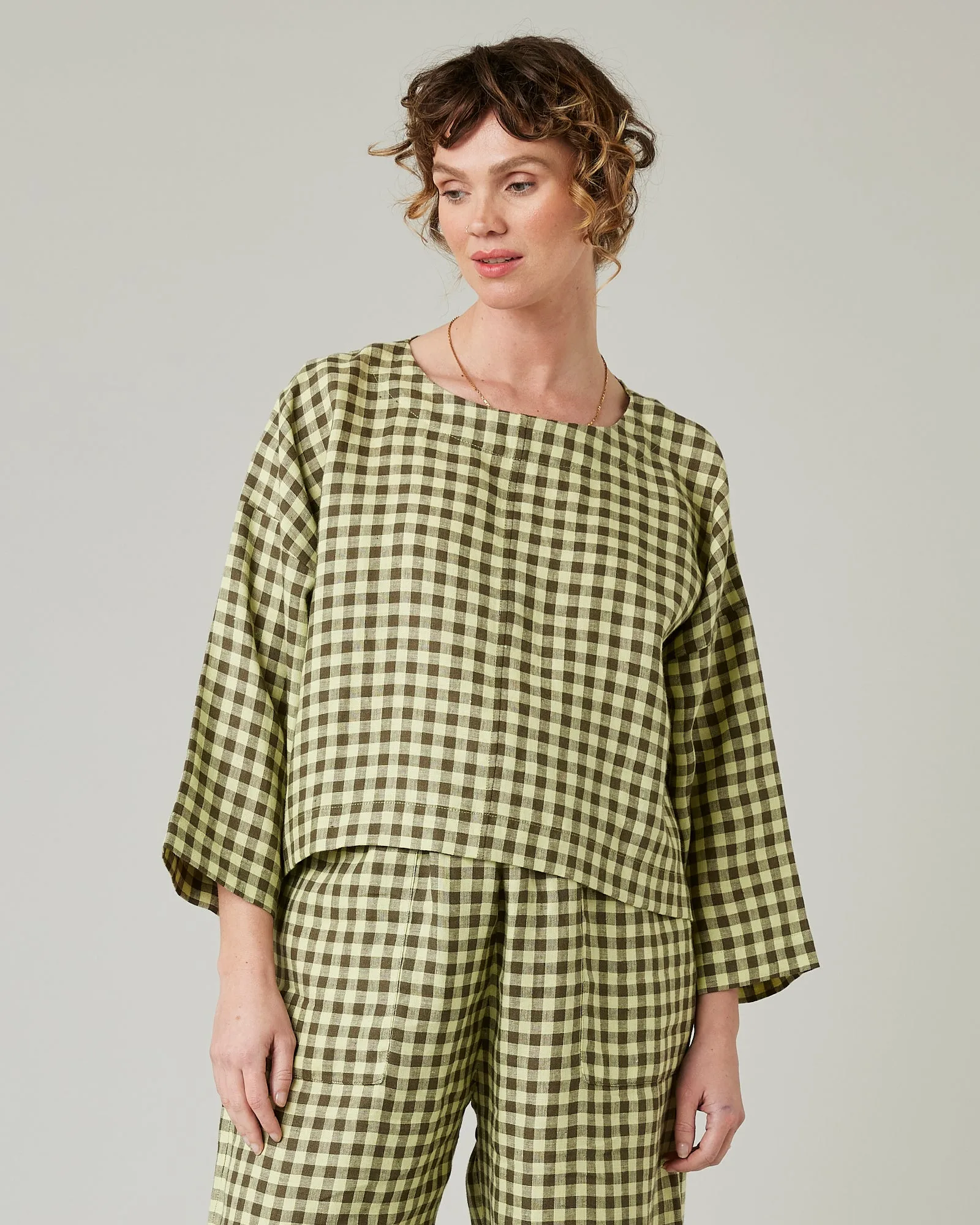 Lily Matcha Gingham Linen Top sold by Beyond Nine