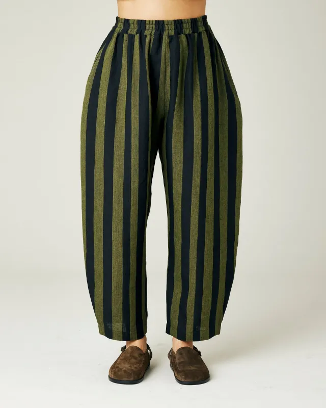 Mabel Olive and Black Stripe Linen Trousers sold by Beyond Nine