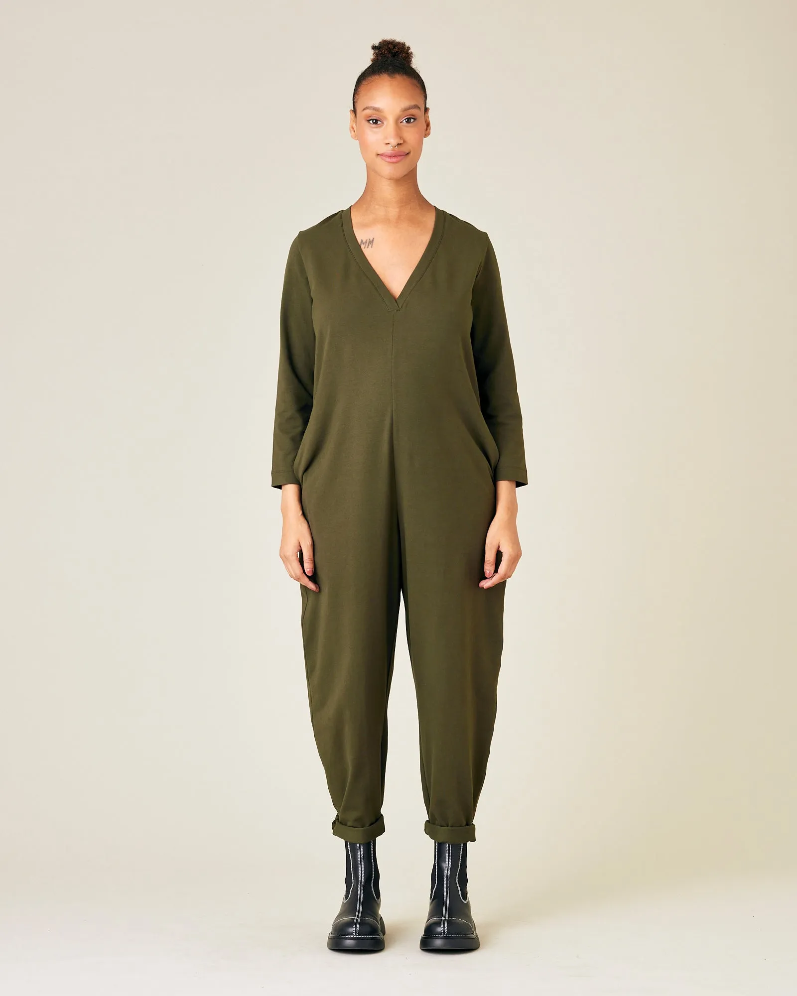 Milly Olive Cotton Jersey Jumpsuit with Pockets sold by Beyond Nine