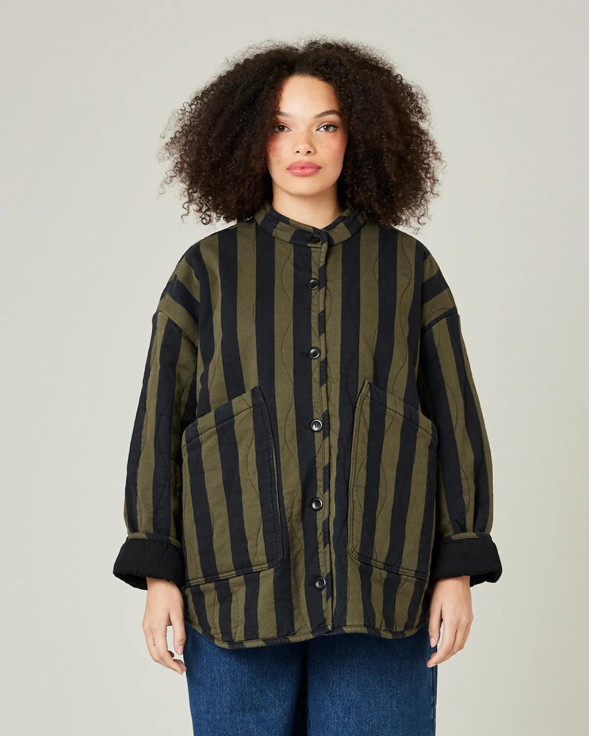 Rue Black & Olive Stripe Denim Jacket sold by Beyond Nine