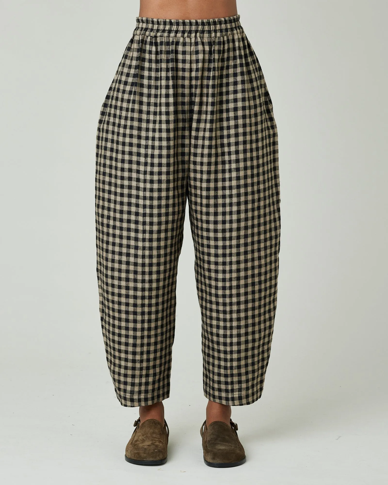 Mabel Coffee Gingham Linen Trousers sold by Beyond Nine