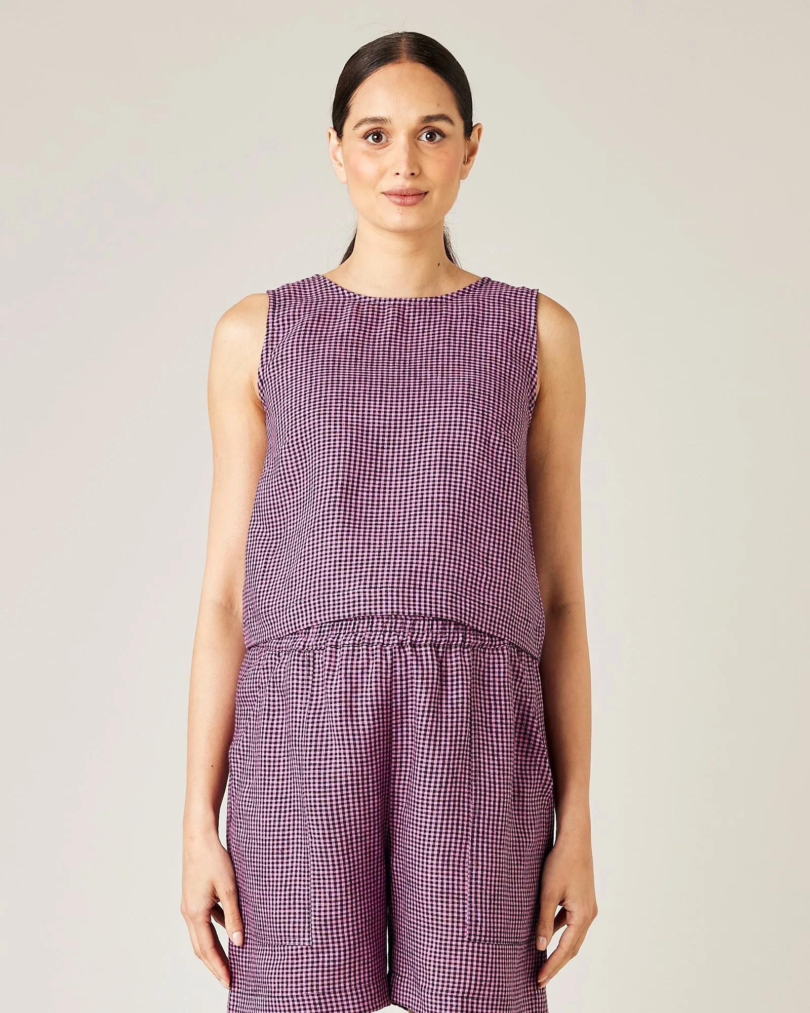 Esme Pink & Black Micro Check Linen Top sold by Beyond Nine