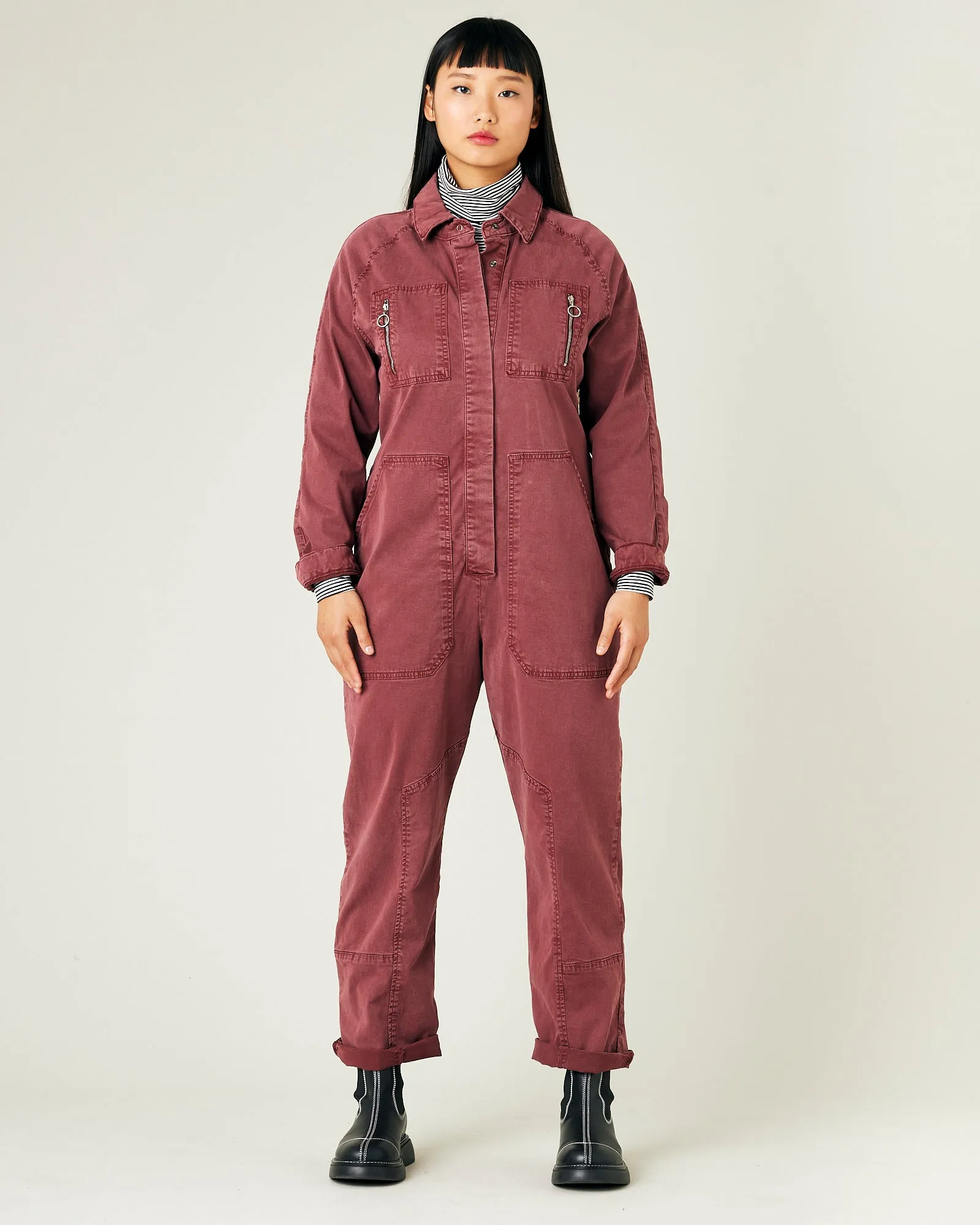 Hallie Wine Cotton Coverall sold by Beyond Nine