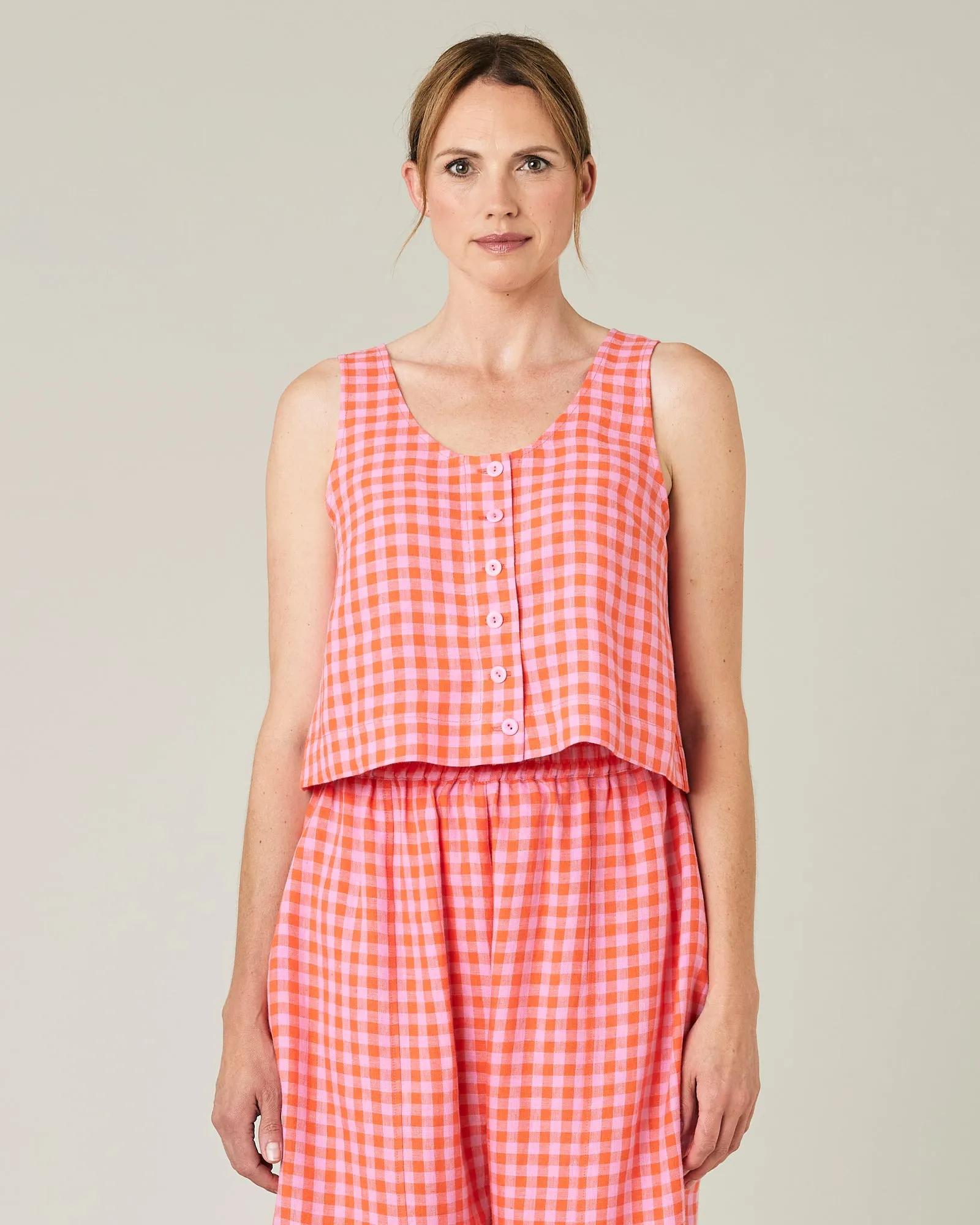 Betty Tomato & Pink Check Linen Top sold by Beyond Nine