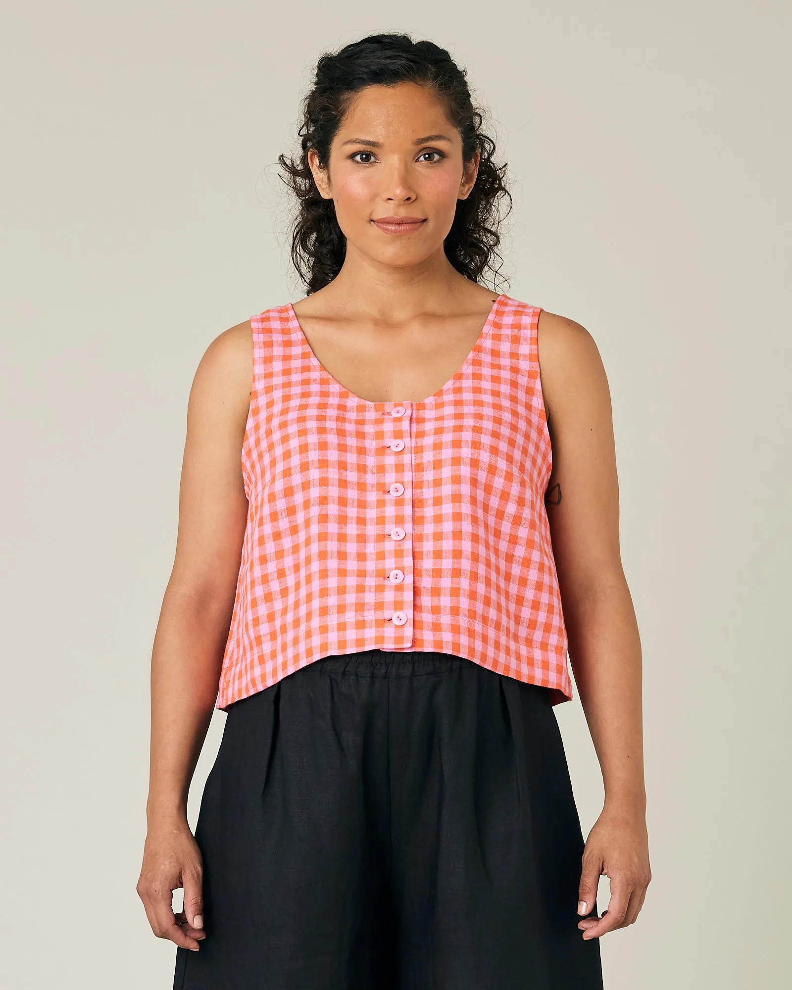 Betty Tomato & Pink Check Linen Top sold by Beyond Nine product image thumbnail 5