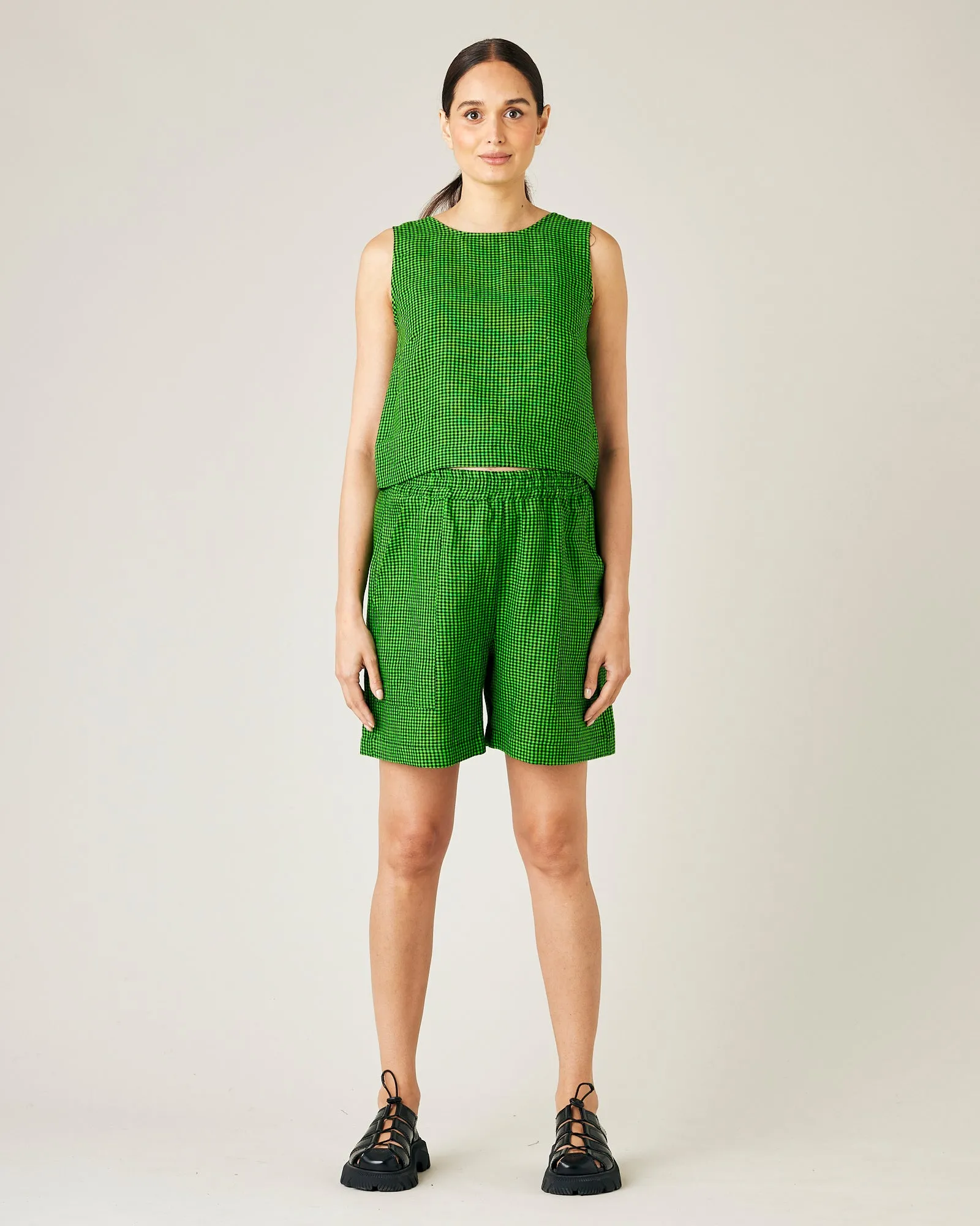 Ari Green & Black Micro Check Linen Shorts sold by Beyond Nine product image thumbnail 4