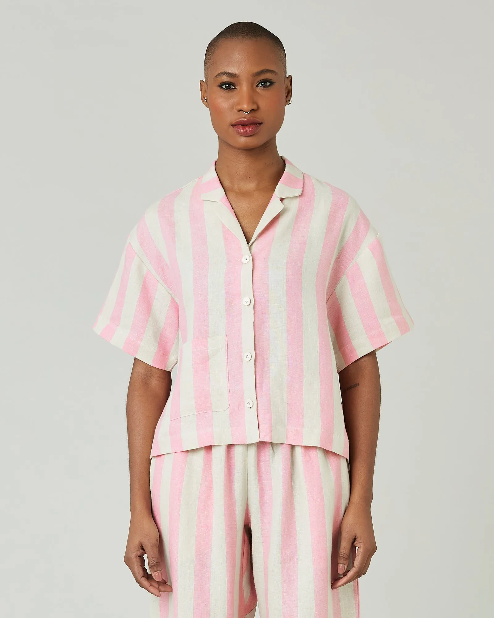 Ultimate PJ Top Pink & Ecru Stripe Linen sold by Beyond Nine