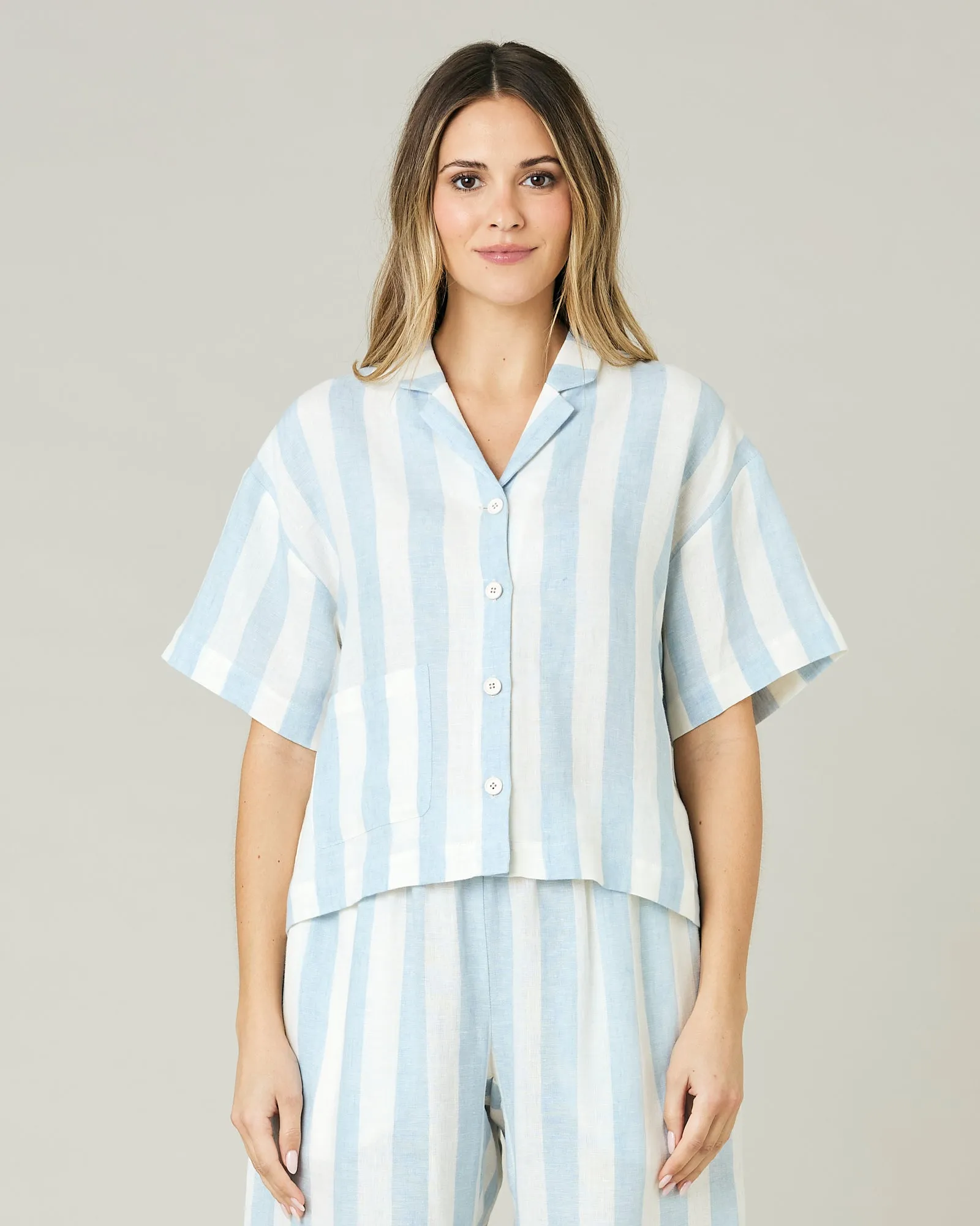 Ultimate PJ Top Sky Blue Stripe Linen sold by Beyond Nine