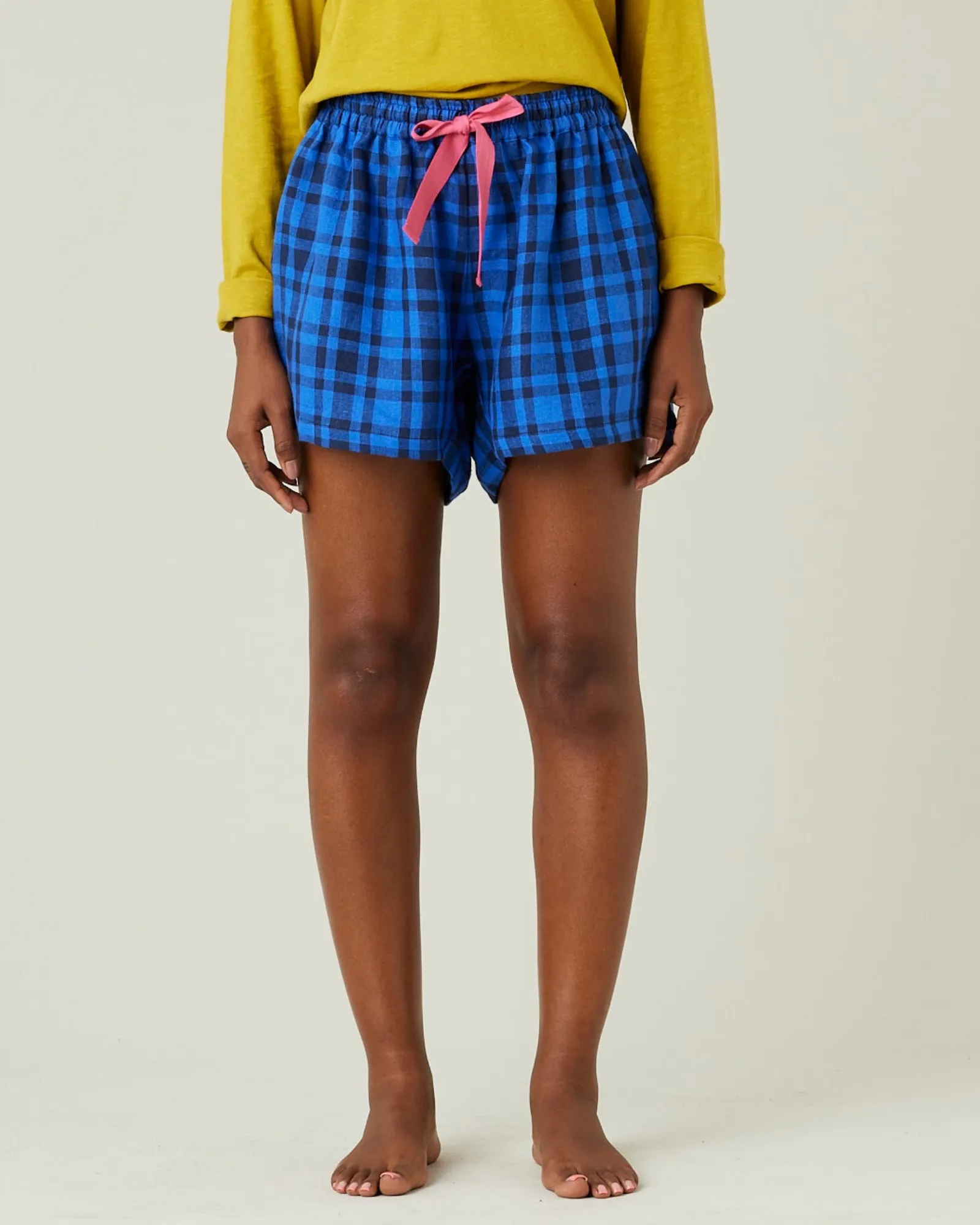 Bed Shorts Indigo Check Linen sold by Beyond Nine