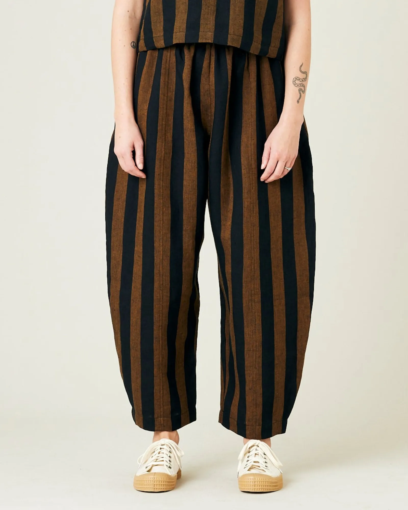 Mabel Rust And Black Stripe Linen Trousers sold by Beyond Nine