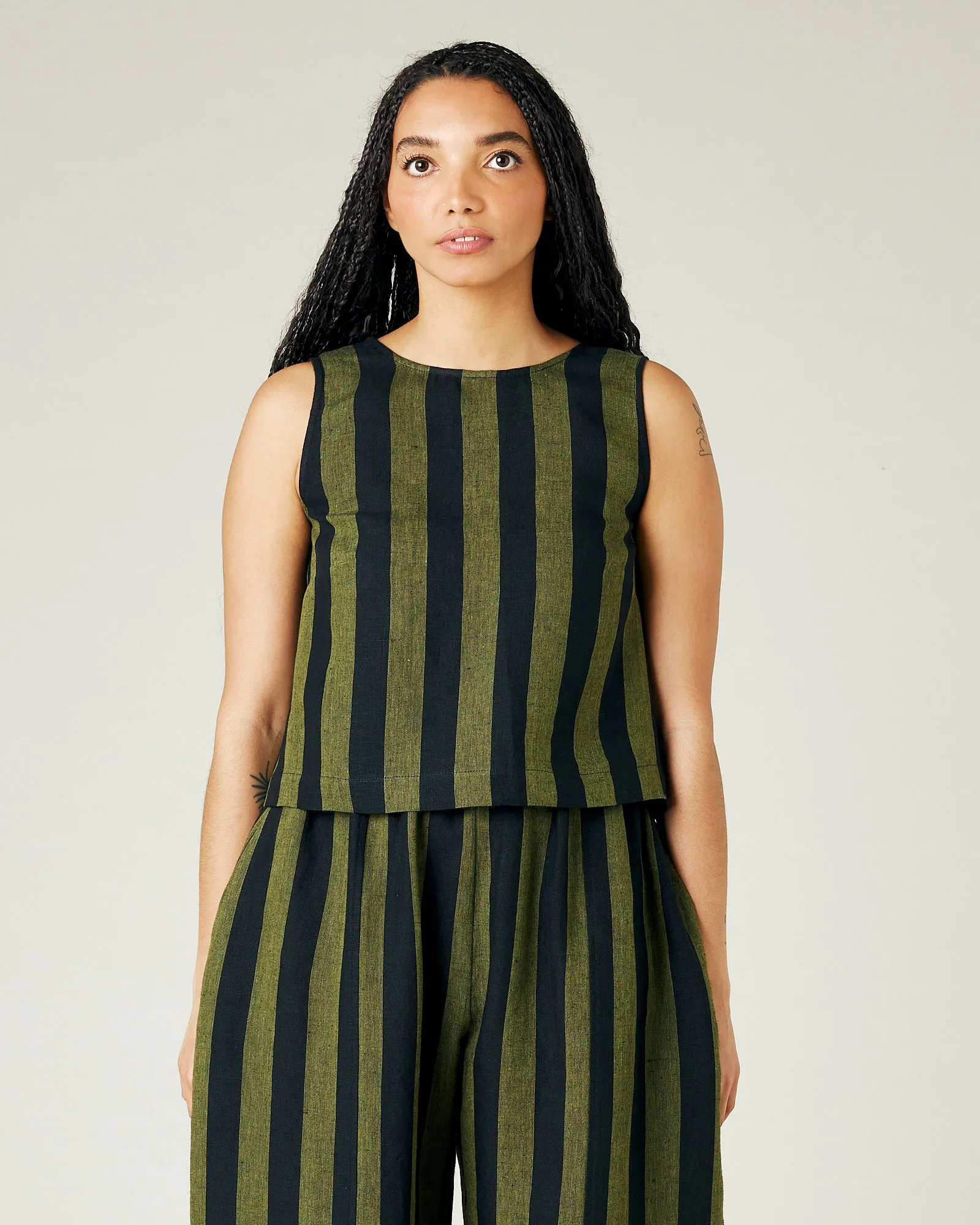 Esme Olive & Black Stripe Linen Top sold by Beyond Nine
