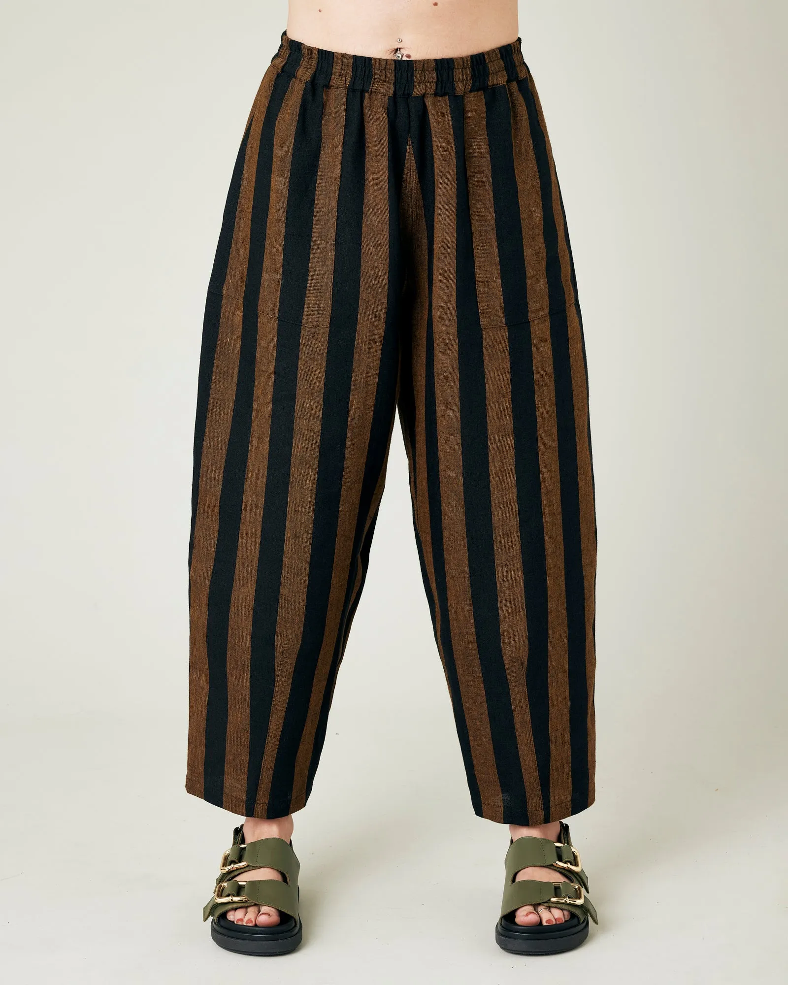 Huxley Rust & Black Stripe Linen Trousers sold by Beyond Nine