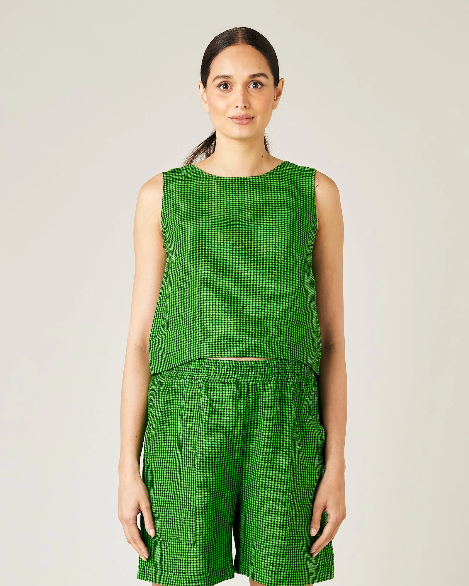 Esme Green & Black Micro Check Linen Top sold by Beyond Nine