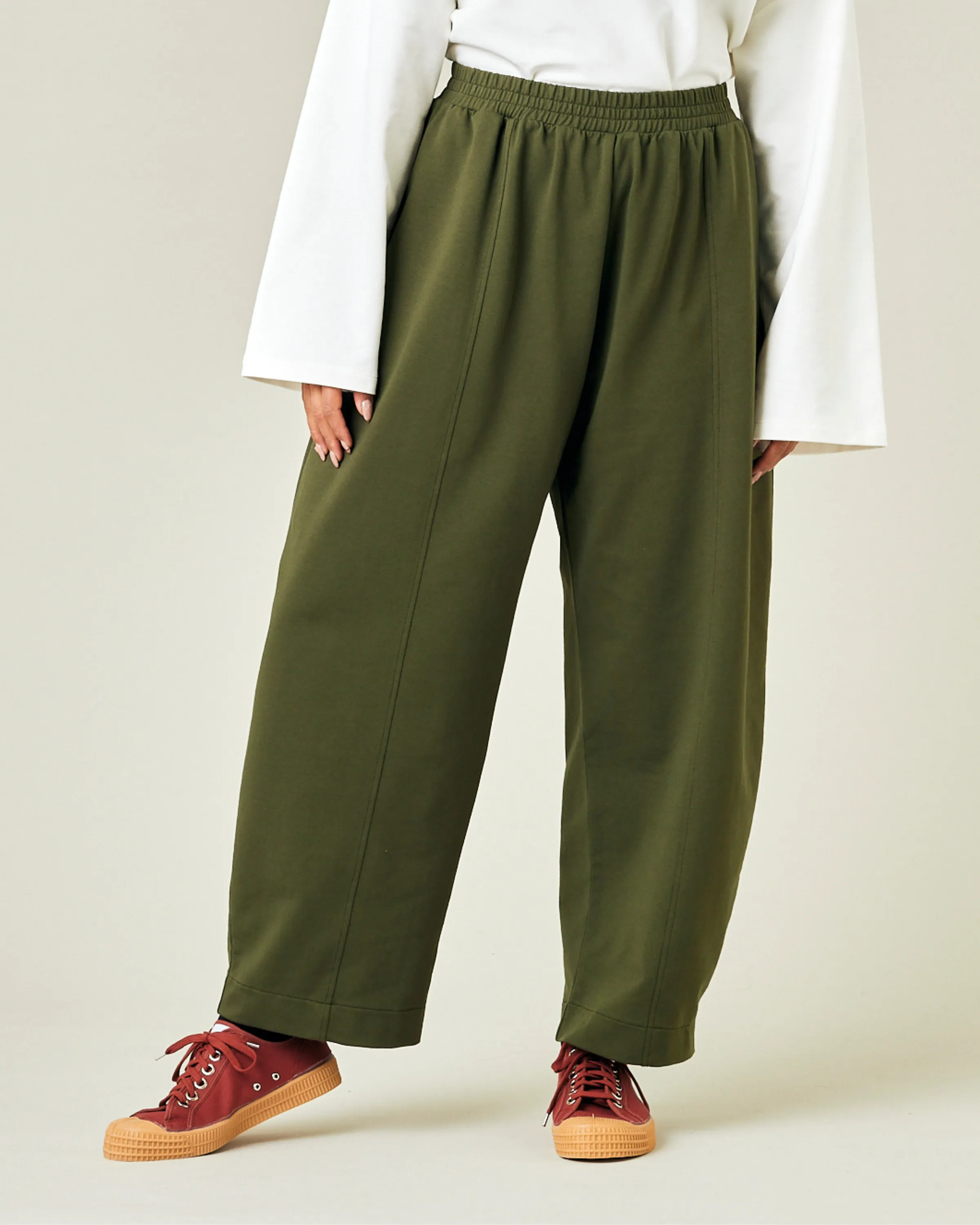 Mabel Olive Jersey Trousers sold by Beyond Nine