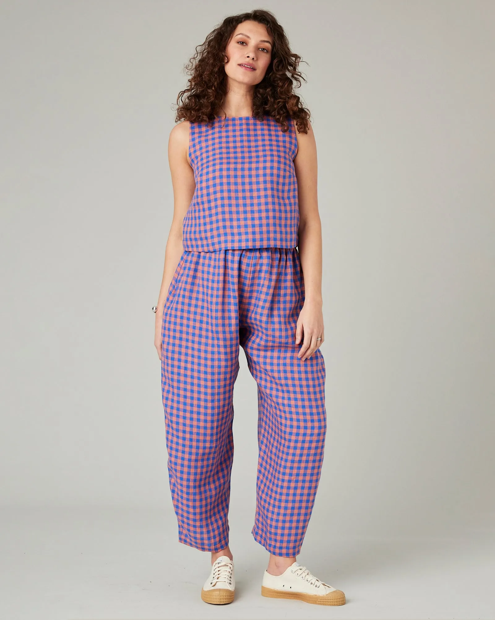 Mabel Sunset Check Linen Trousers sold by Beyond Nine