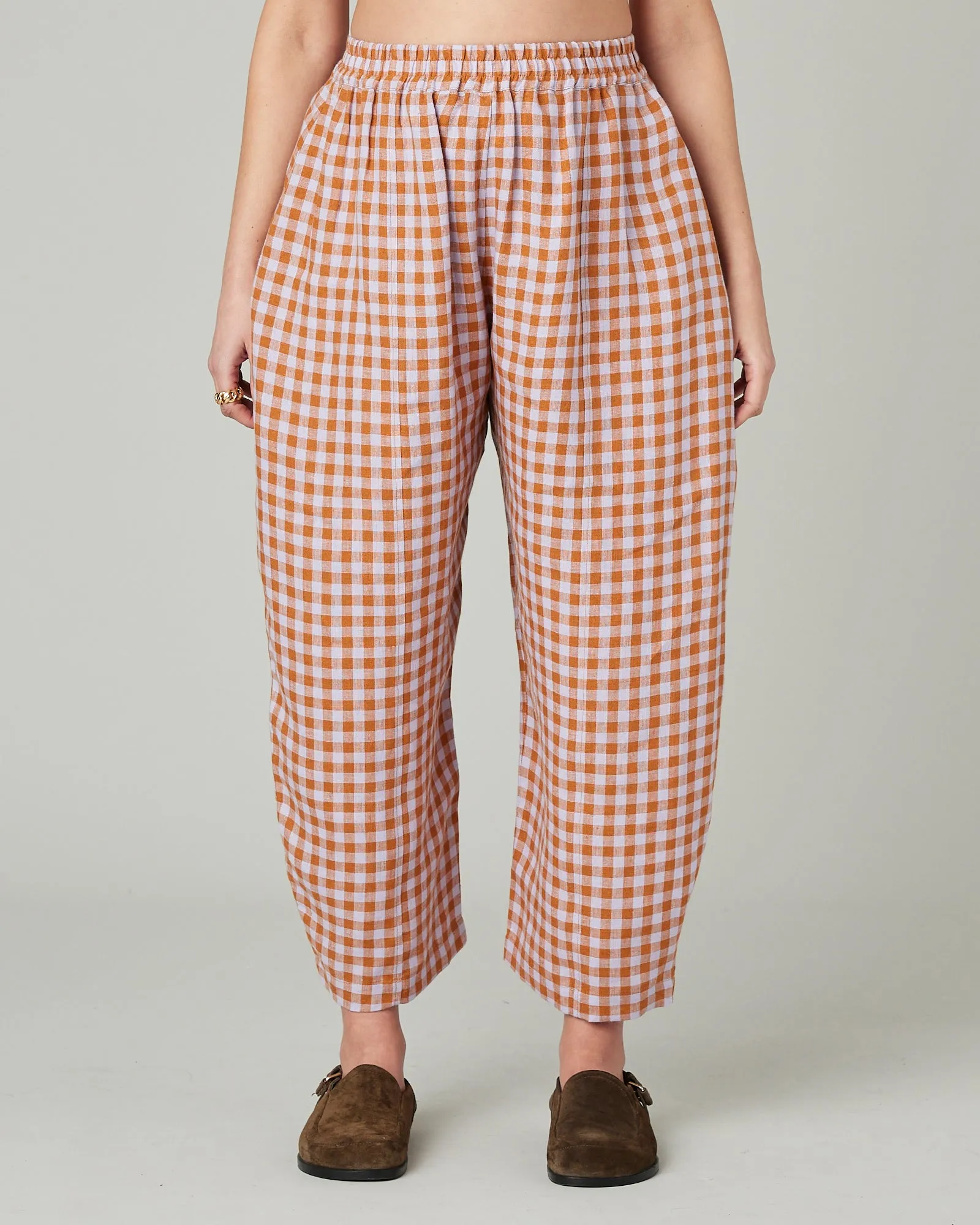Mabel Saffron Gingham Linen Trousers sold by Beyond Nine