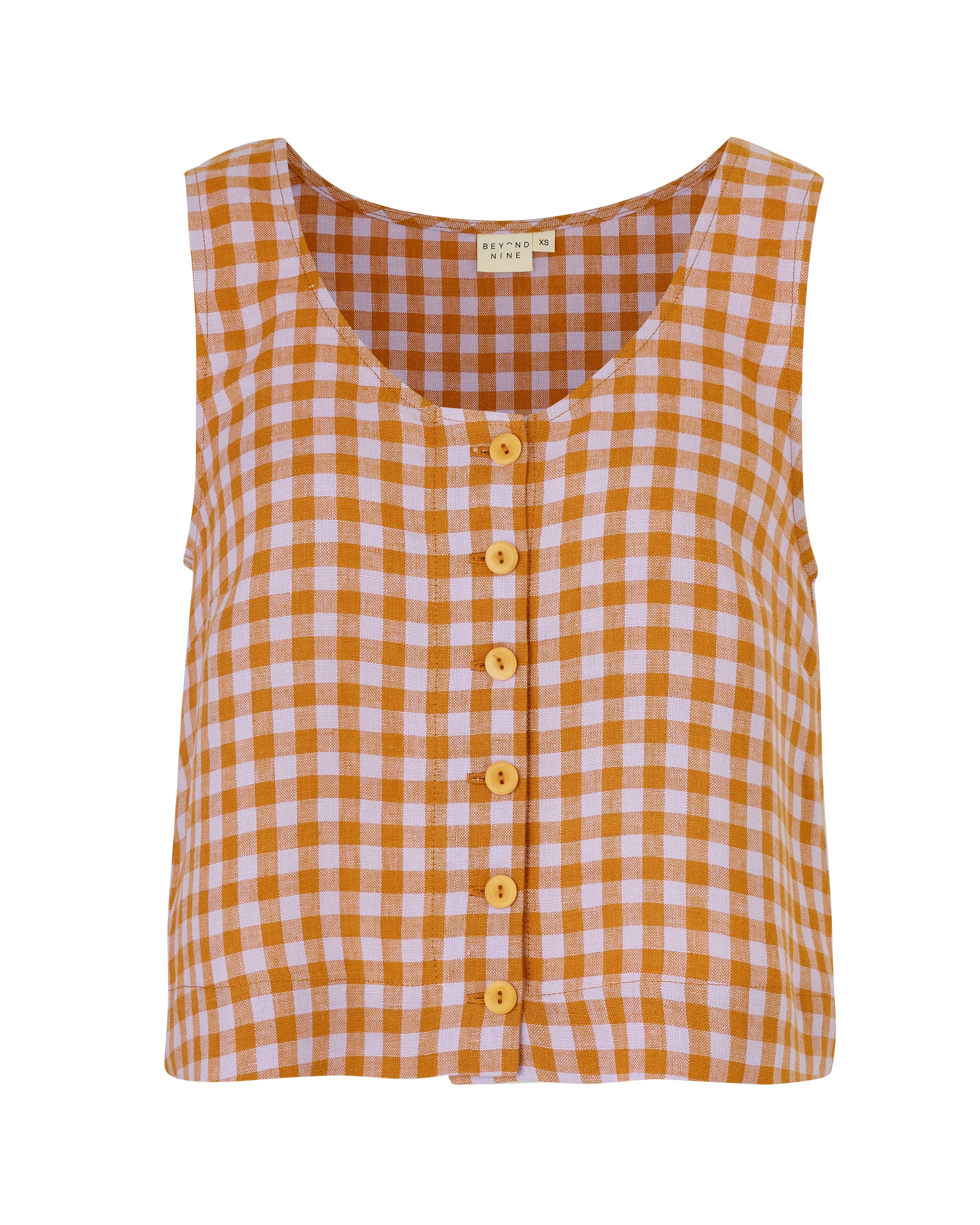 Betty Saffron Gingham Linen Top sold by Beyond Nine