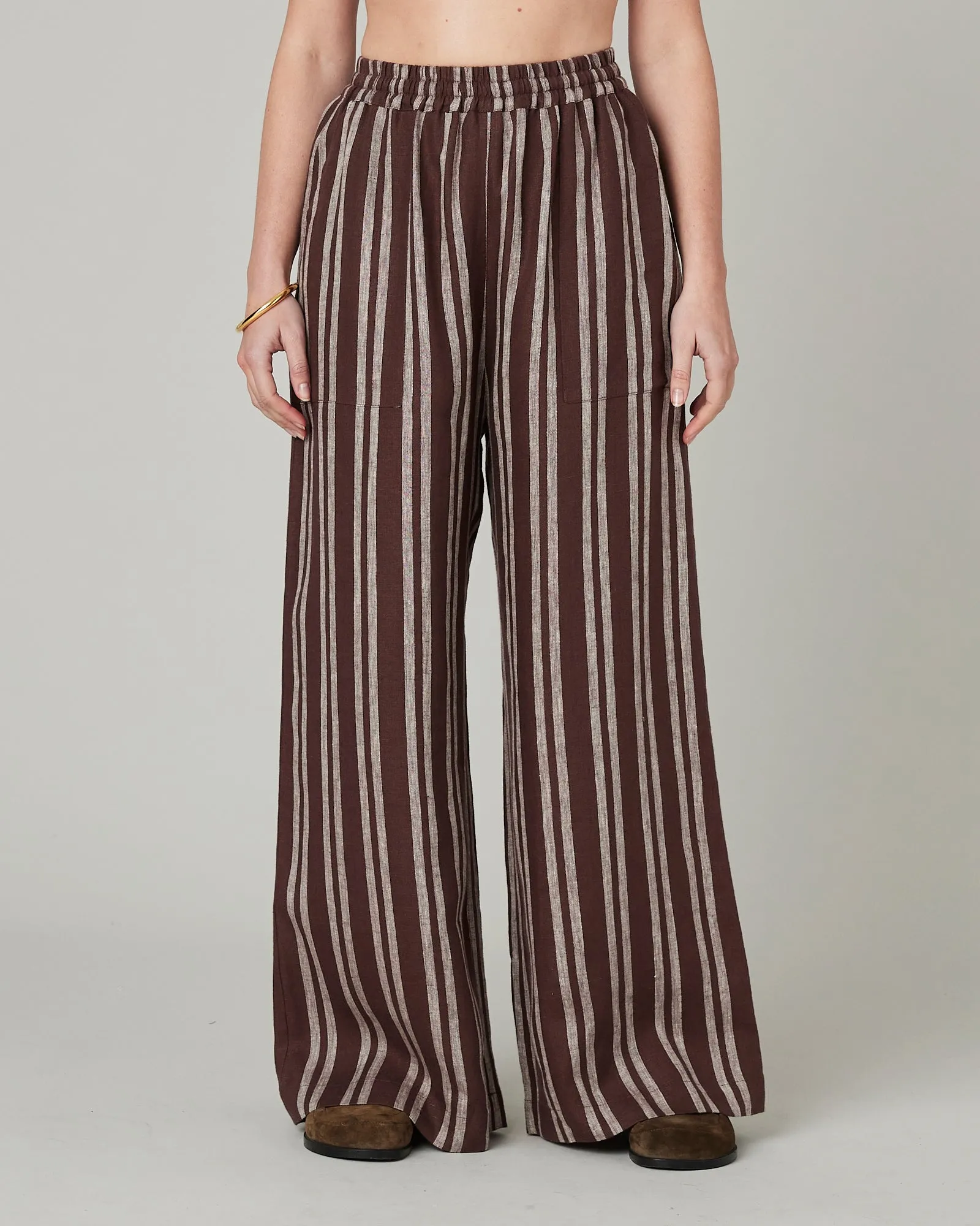 Lexi Coconut Stripe Linen Trousers sold by Beyond Nine