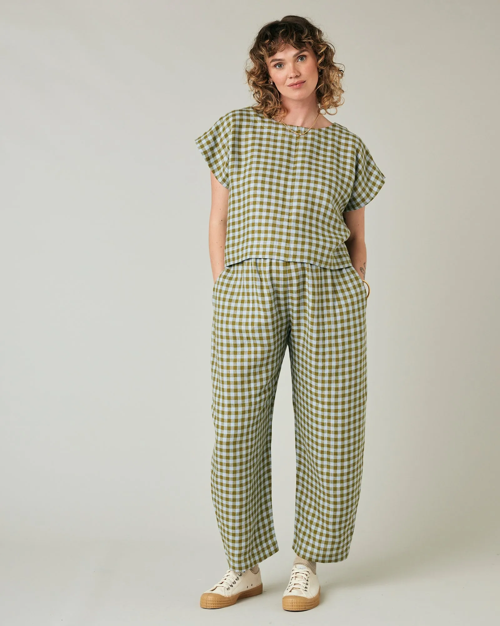 Mabel Meadow Check Linen Trousers sold by Beyond Nine