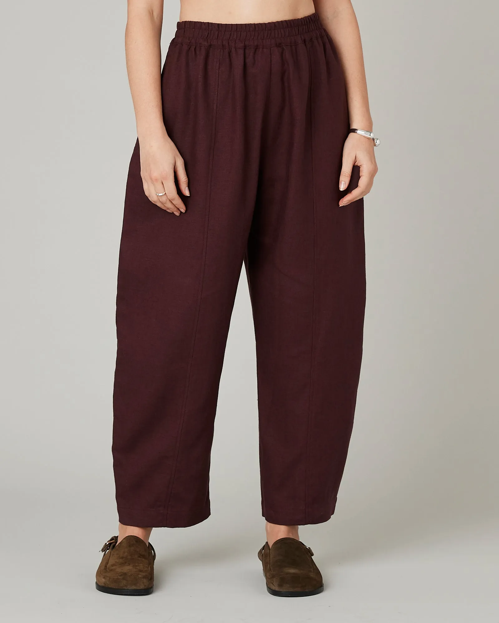 Mabel Burgundy Linen Trousers sold by Beyond Nine