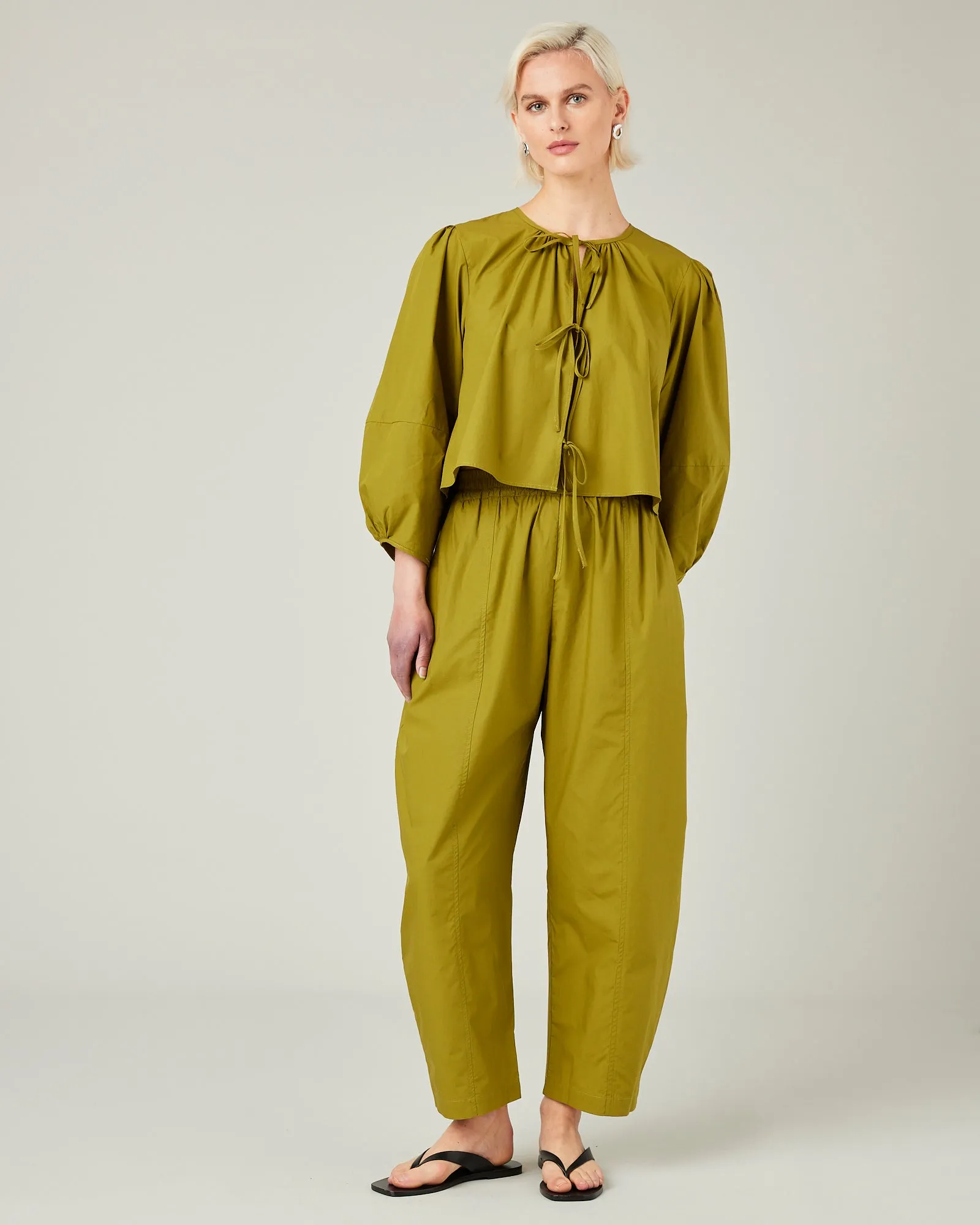 Mabel Olive Cotton Poplin Trousers sold by Beyond Nine
