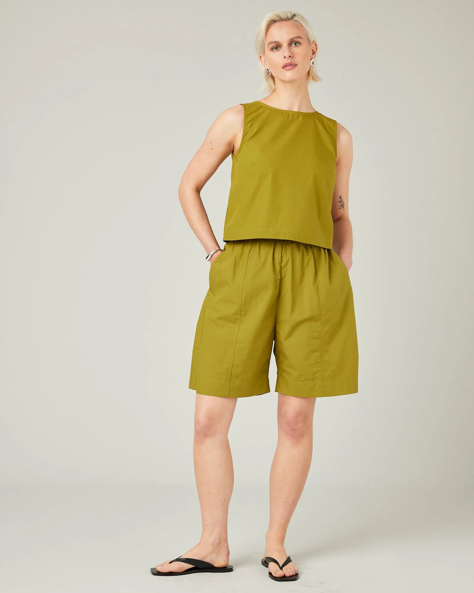 Liv Olive Cotton Poplin Shorts sold by Beyond Nine
