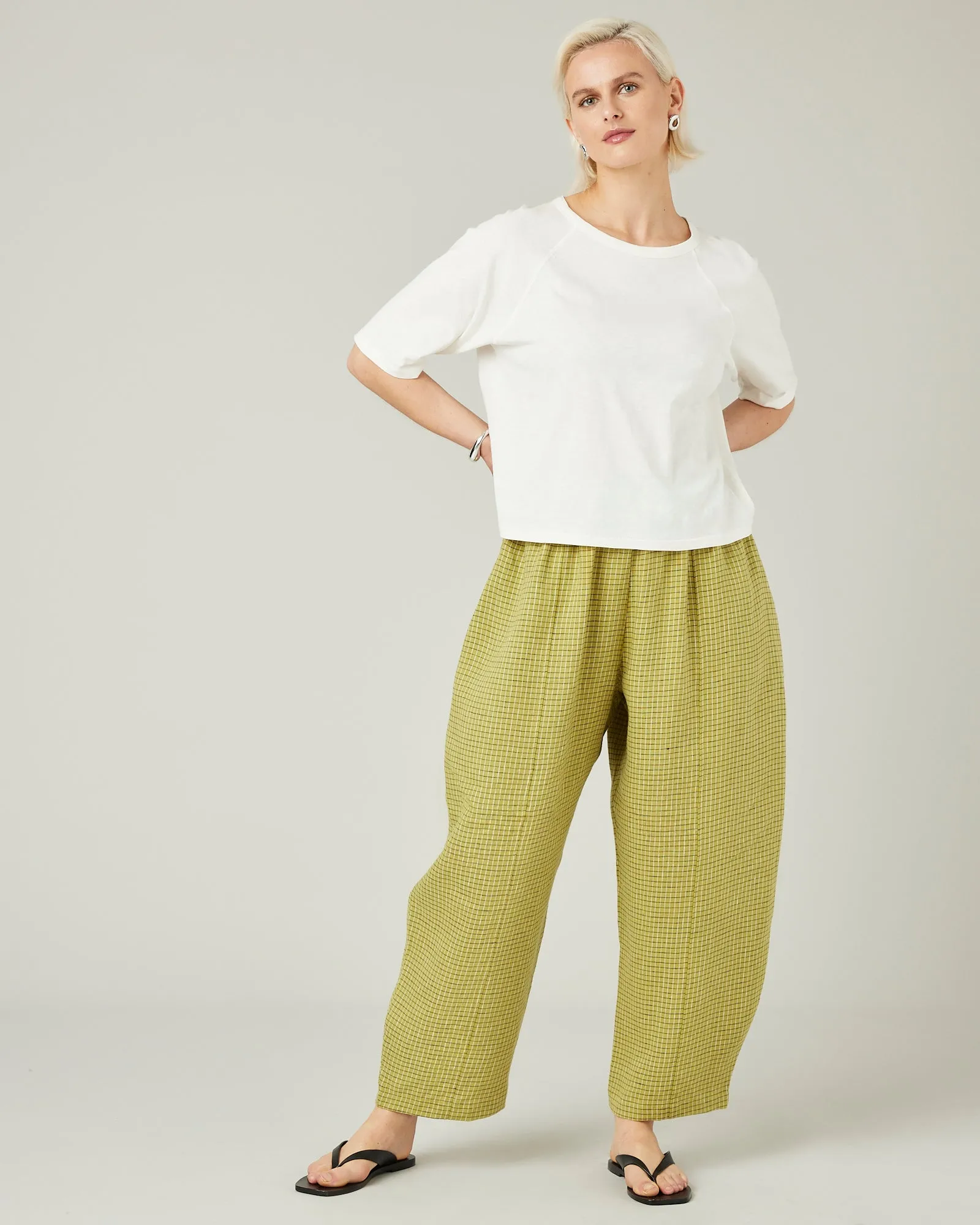 Mabel Green Mini Grid Linen Trousers sold by Beyond Nine