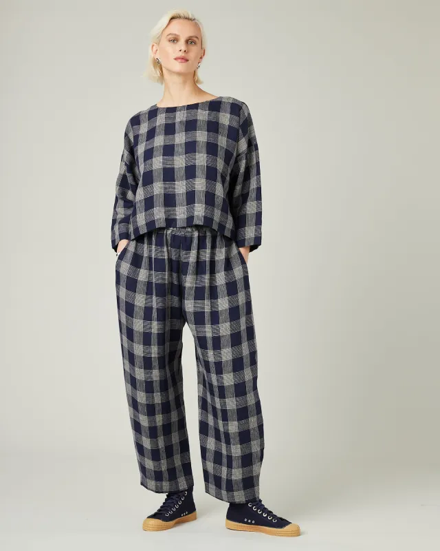 Mabel Navy Plaid Linen Trousers sold by Beyond Nine